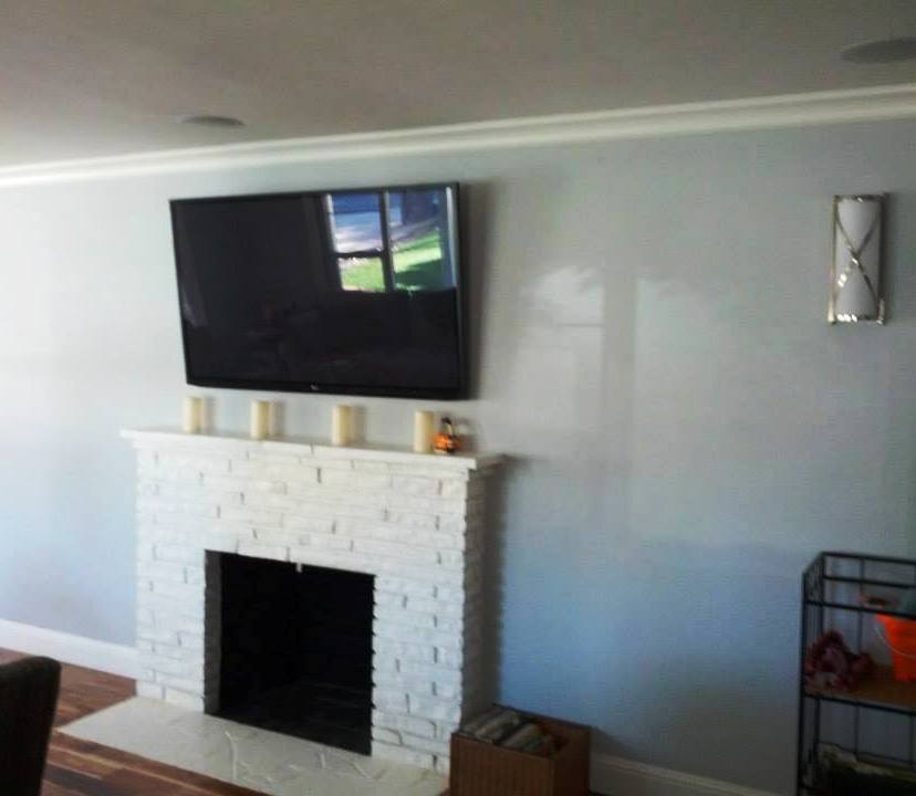 TV Over Fireplace with 5 In-Ceiling Speakers