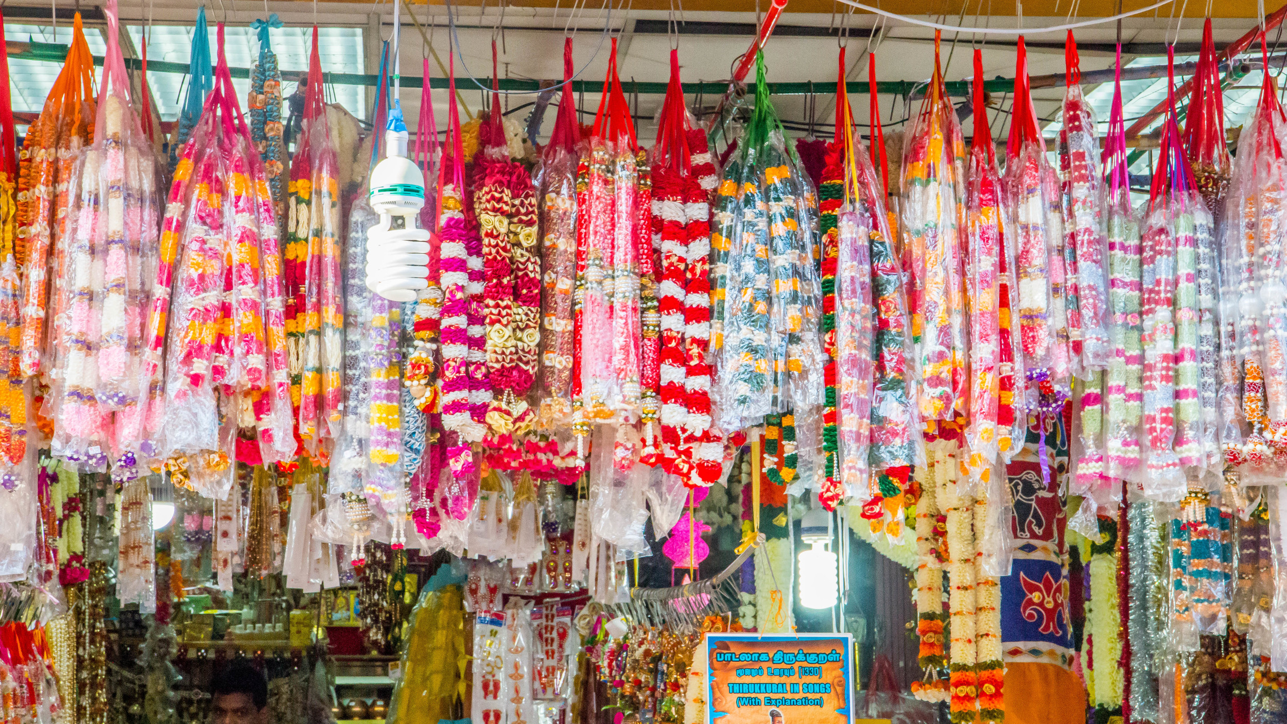 Flower garlands hanging at shops in Little India
