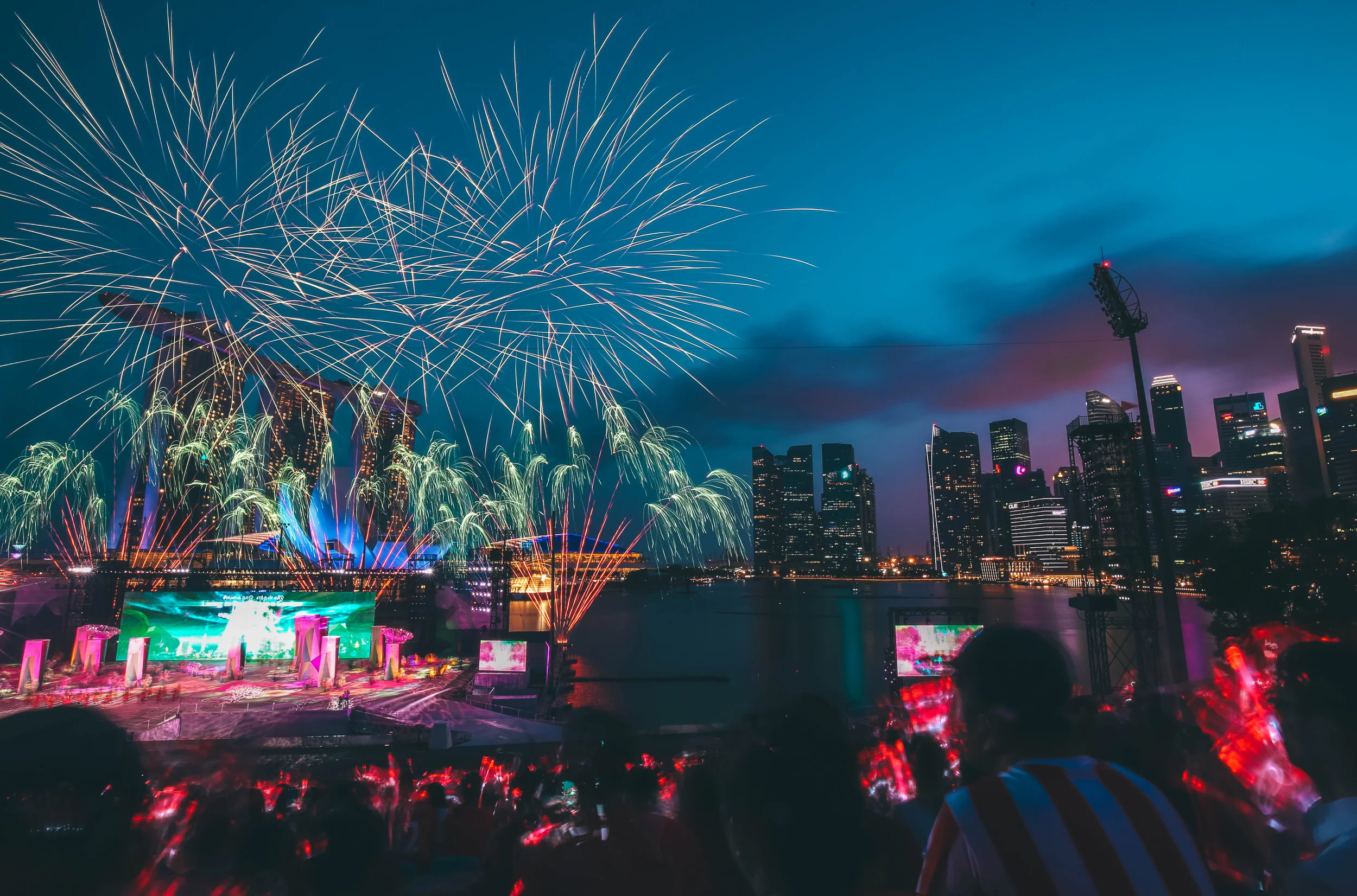 Shot of the fireworks from the floating platform at the 2017 National Day Parade