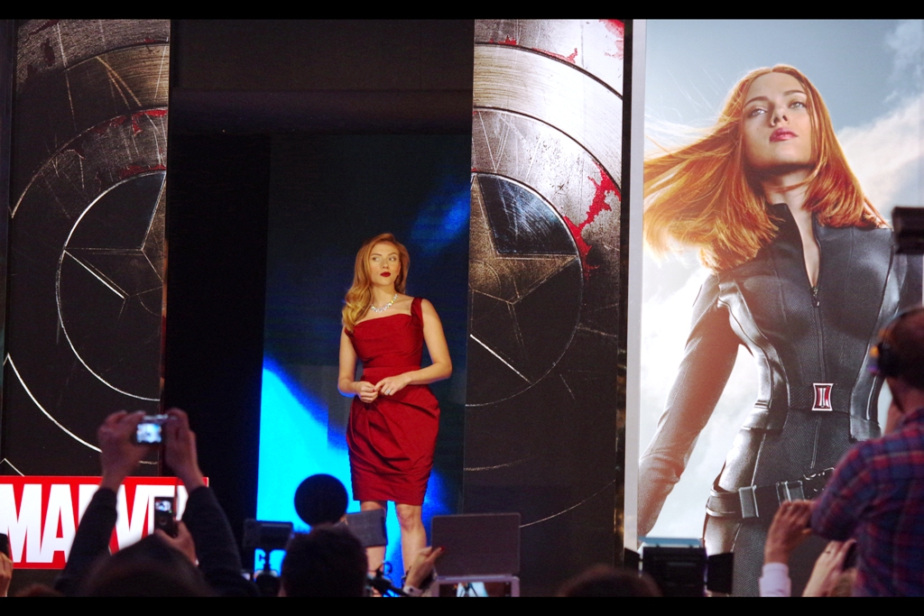 "Third floor? This isn't haberdashery and linens" Scarlett Johansson has arrived, and she might hang around a bit before resuming her shopping.