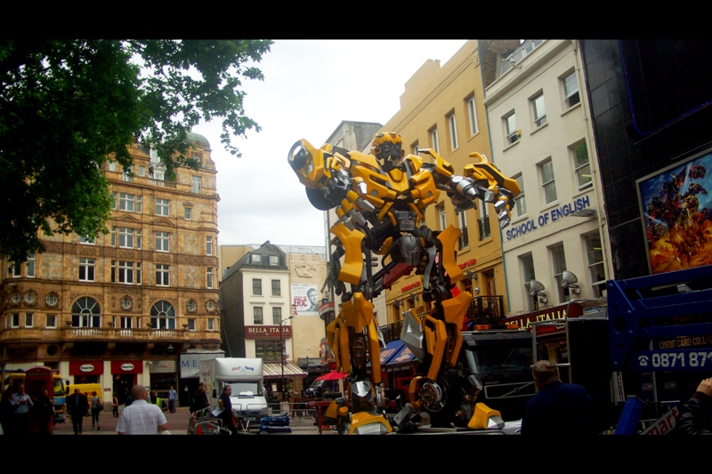 Leicester Square. All of a sudden, dozens of employees texted their bosses to explain they couldn't come in to work because of the giant robots roaming around parts of London...