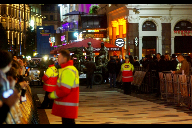 When an APV of camouflaged troops show up to a premiere, either it's a certain kind of movie/computer game, or maybe Tomkat or Branjelina's security detail doing an advance sweep.