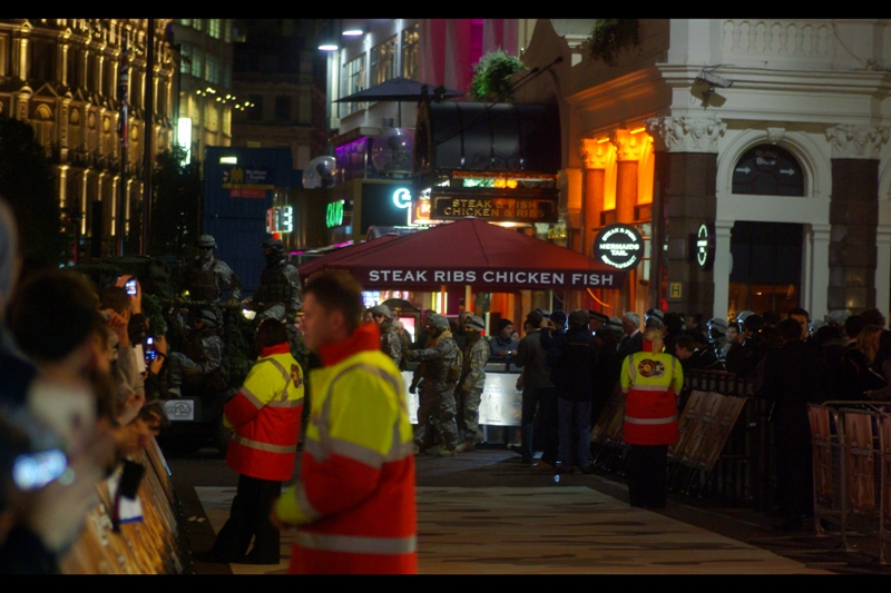 Steak... Ribs... Chicken... Fish... Paramilitary Fatigues... Camouflage Carpet.. it's just another day in London.