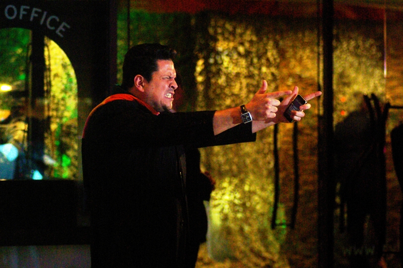 The link between real life violence and computer game violence? Still tenuous. Wireimage informs me that this is Dom Joly, whom wikipedia calls a "broadcaster, TV presenter and comedian" . Rock on.