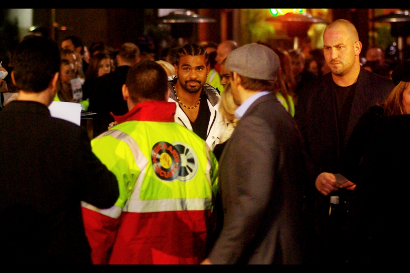 Heavyweight boxing champ David Haye scores himself another movie premiere (He was also at the Michael Caine "Harry Brown" premiere ). The process of beating up ever-increasingly stronger people for a career sure can lead you to some interesting places. (You know, like a boxing world championship. or jail. OR movie premieres)