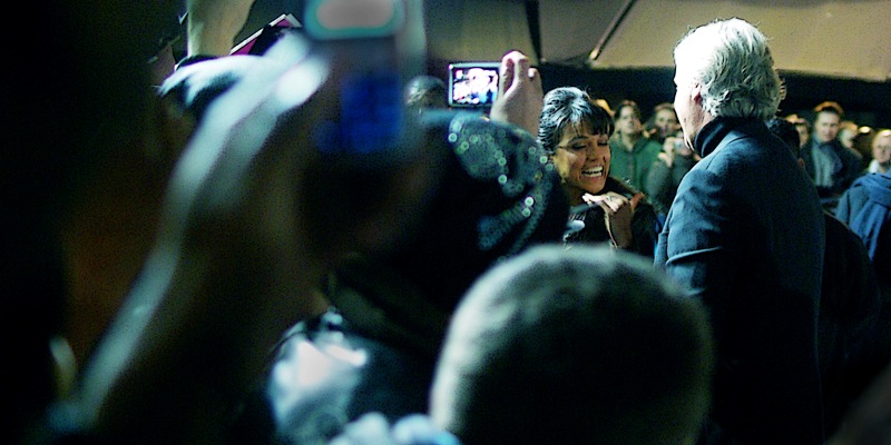 James Cameron meets a particularly excitable fan. Oh, wait, that’s actress Michelle Rodriguez, who is also in the film.