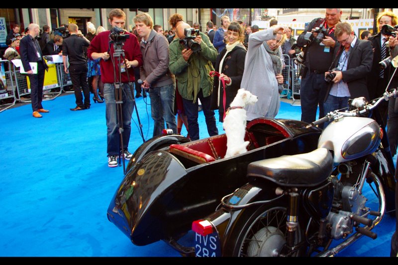 Snowy Dog poses on a fully functional motorcycle-sidecar combo in exchange for Scooby Snacks or some such item.