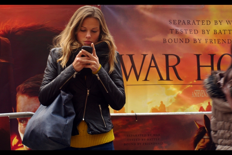 Texts: "At first glance it's a film called "War Ho" or something. I can't imagine Spielberg doing movies in that genre, but we'll see. Anyway, gotta go"