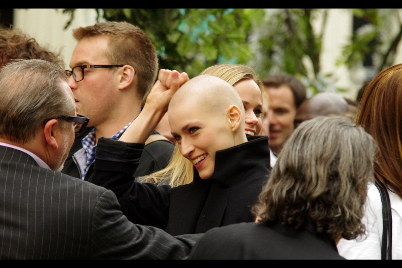 And finally, I have no idea who she is, but few women (with the possible exception of Natalie Portman) can wear baldness quite so well. Also, I intend to greet at least one stranger per week like this.