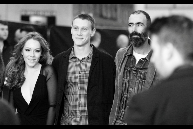 Charlotte Spencer, George MacKay and a guy with the world's most amazing Moustache at the premiere of "Bypass"