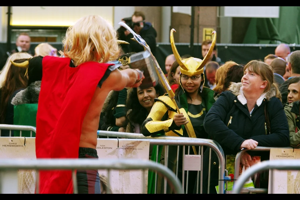 "You! Your helmet... it still looks fabulous" This was part of a 'Phwoaaarr Thor' competition, amounting to exploitative ogling at semi-naked males in Norse outfits competition, that I will not dignify by naming the corporate sponsor involved. Because quite honestly I wasn't really paying attention.