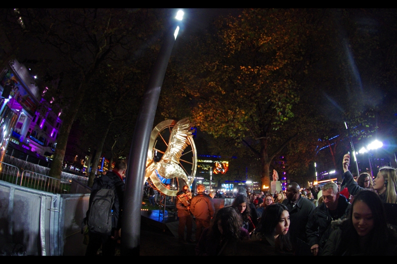 The premiere occupied the entire centre part of Leicester Square, along with one whole vertex of the exterior, and a part of another corner for the drop-off. That's big in anyone's language. So is this giant Mockingjay statue. It's not quite as large as "Thor's Hammer", but part of me can't wait to see what they do for The Hobbit. (I took this photo later - it's nowhere near where I was)