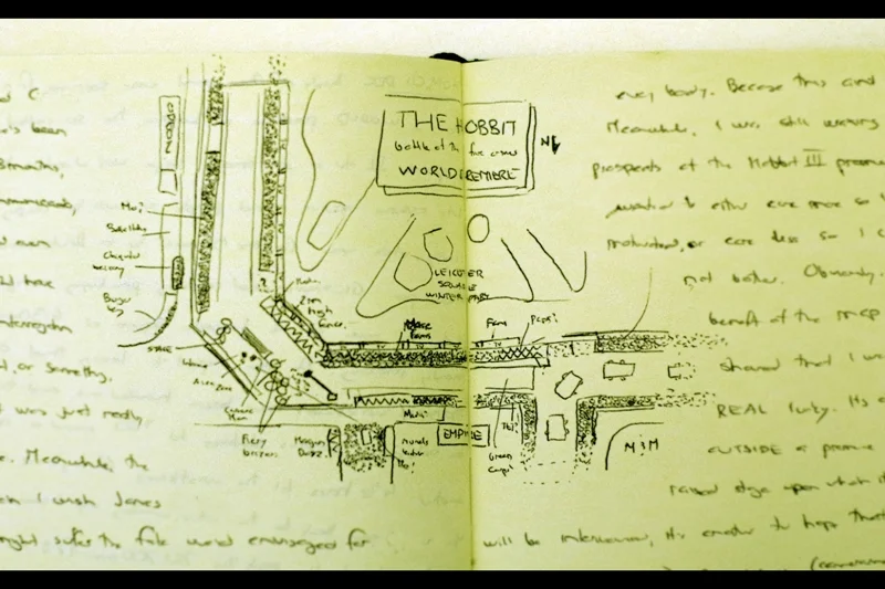 I do this for most premieres : draw a small sketch map... but for this one it seems particularly appropriate since Map Porn is a bit of a feature of Lord of the Rings.. My position ('Me!') is at the bottom, about a centimetre in from the middle fold, and then an arrow shows where I am. That white rectangle is a model of a London Bus 'artwork'. For the purpose of scale, a typical full-size premire would be less than half this size.