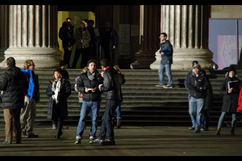 Shawn Levy (director) and Shawn Levy's Awesome Scarf (Executive Producer) lock down another scene.