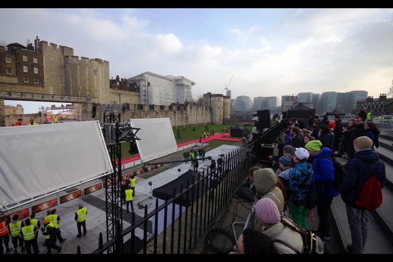 So flash forward to 8 or so hours later, and I have a spot, and it's not particularly great, but it's not particularly awful. That's assuming those angled white large bedsheet things blocking views of the screen were going to be lighting rigs. Which they weren't. Or that interviews would take place on the red carpet at the intersection in the distance. Which they also weren't.