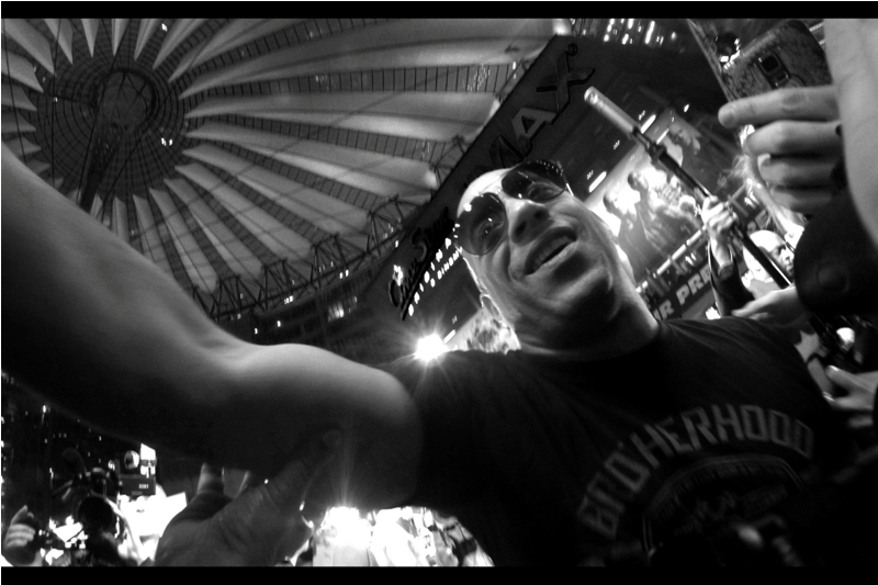 It might have failed me on the monopod, but the little GoPro did a good job taking up close photos when it started to get very crushed. Although, sitting in my room editing through these photos, I now feel compelled to ask (because I was holding a camera in each hand at that moment): whose hand is that holding Vin Diesel's bicep? And why??