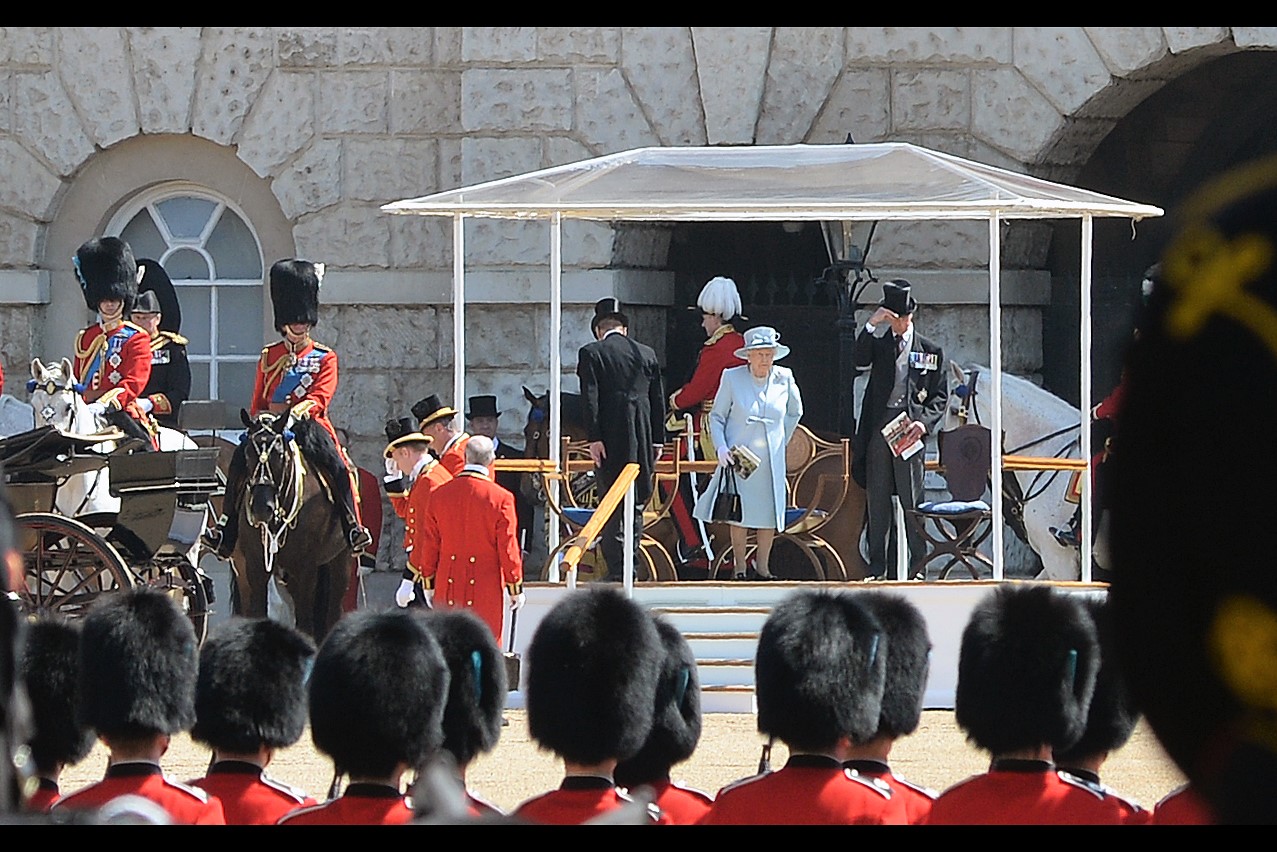 "Well, this isn't inconspicuous at all" - this is where the Queen sits while (from what I can tell) various troops parade past her, for her approval, consideration, or a positive review on tripadvisor, or instagram likes or something.