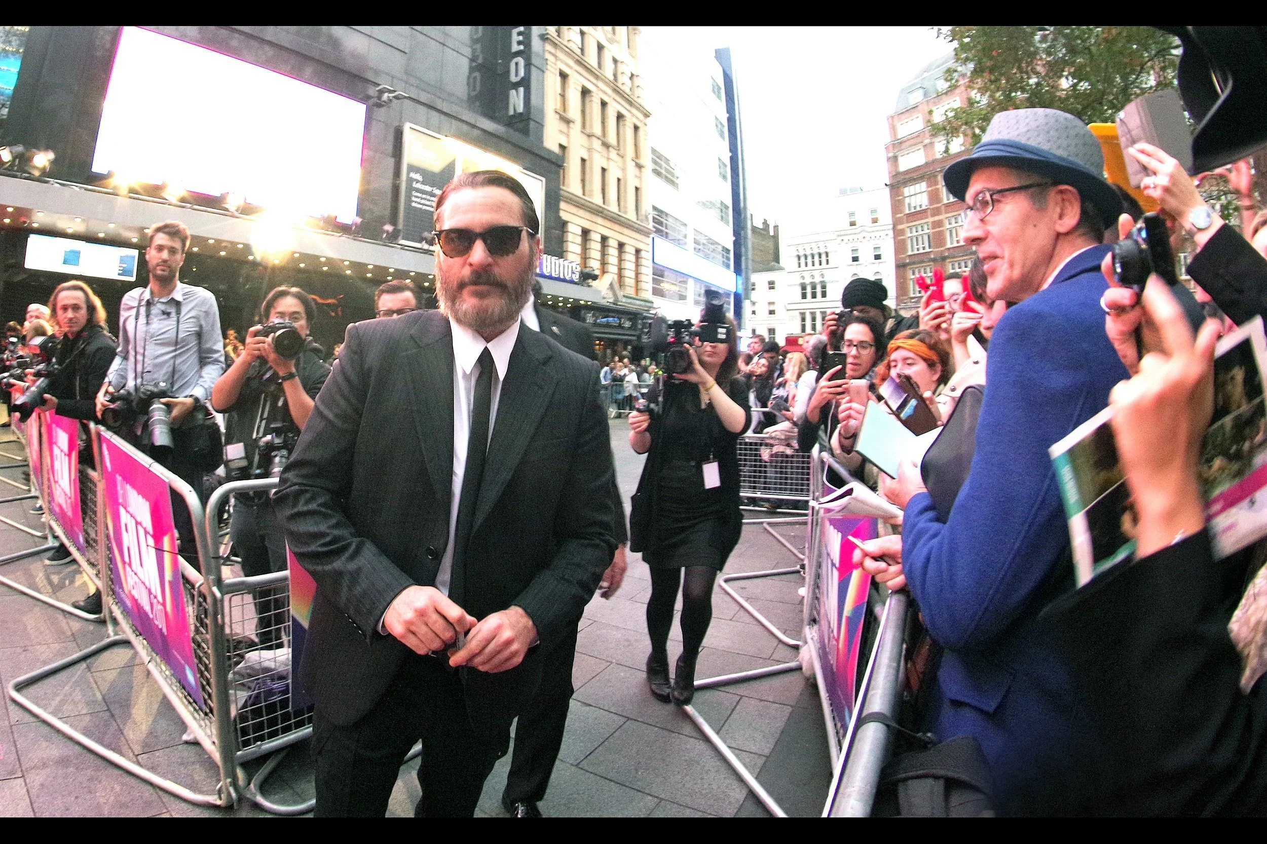 October 14th (part I): A brand new layout for a strange (but arguably cool) BFI LFF premiere - and Joaquin Phoenix eventually did take off his glasses - at the premiere of "you were never really here" .