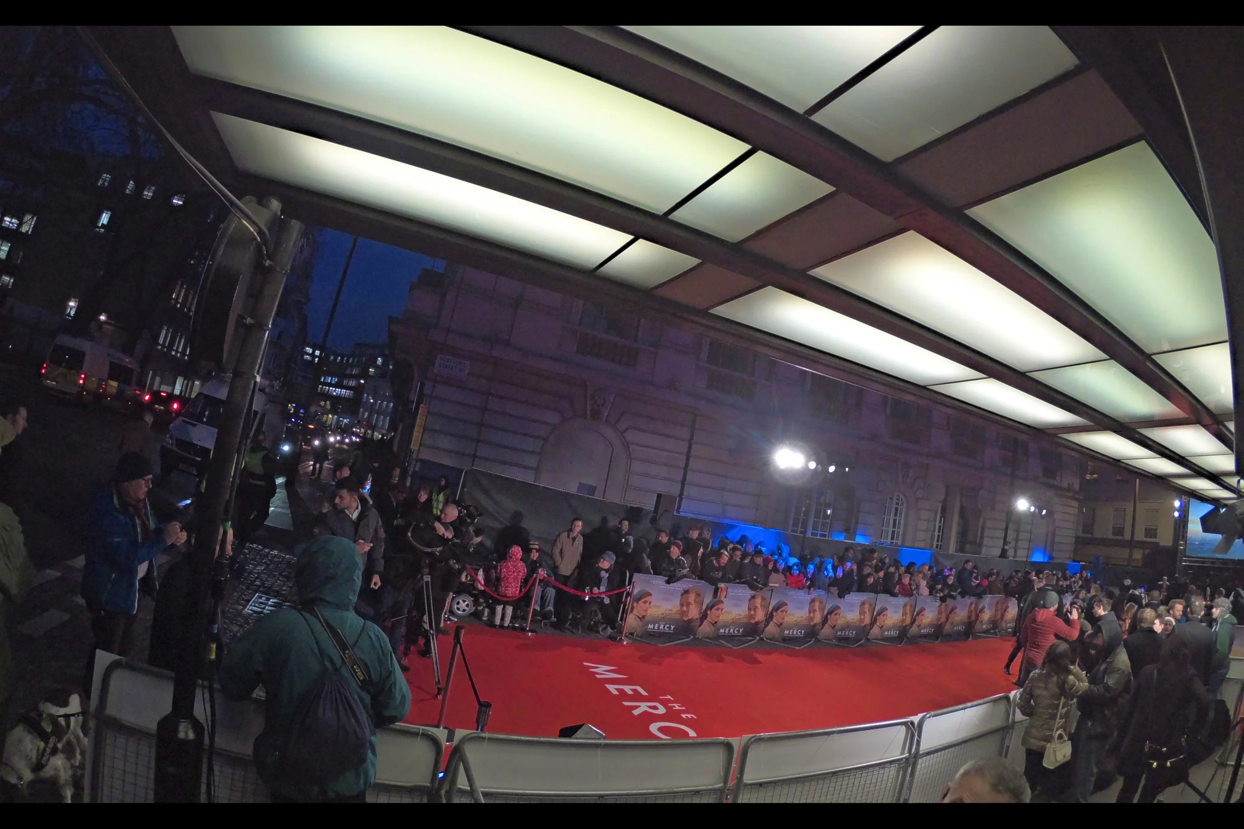 This movie is called "The Mercy", but my arms are slightly too short to fit the title in from my perch just outside the premiere, where I'm standing with about this // much consent from event Security.