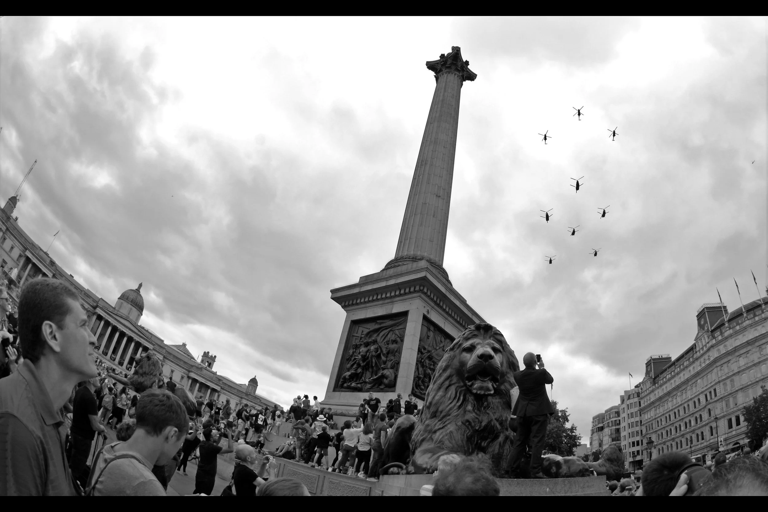 My choice of location : Trafalgar Square. Quite crowded as well, but with lots of airspace, low buildings, no trees... and easier to leave afterwards!