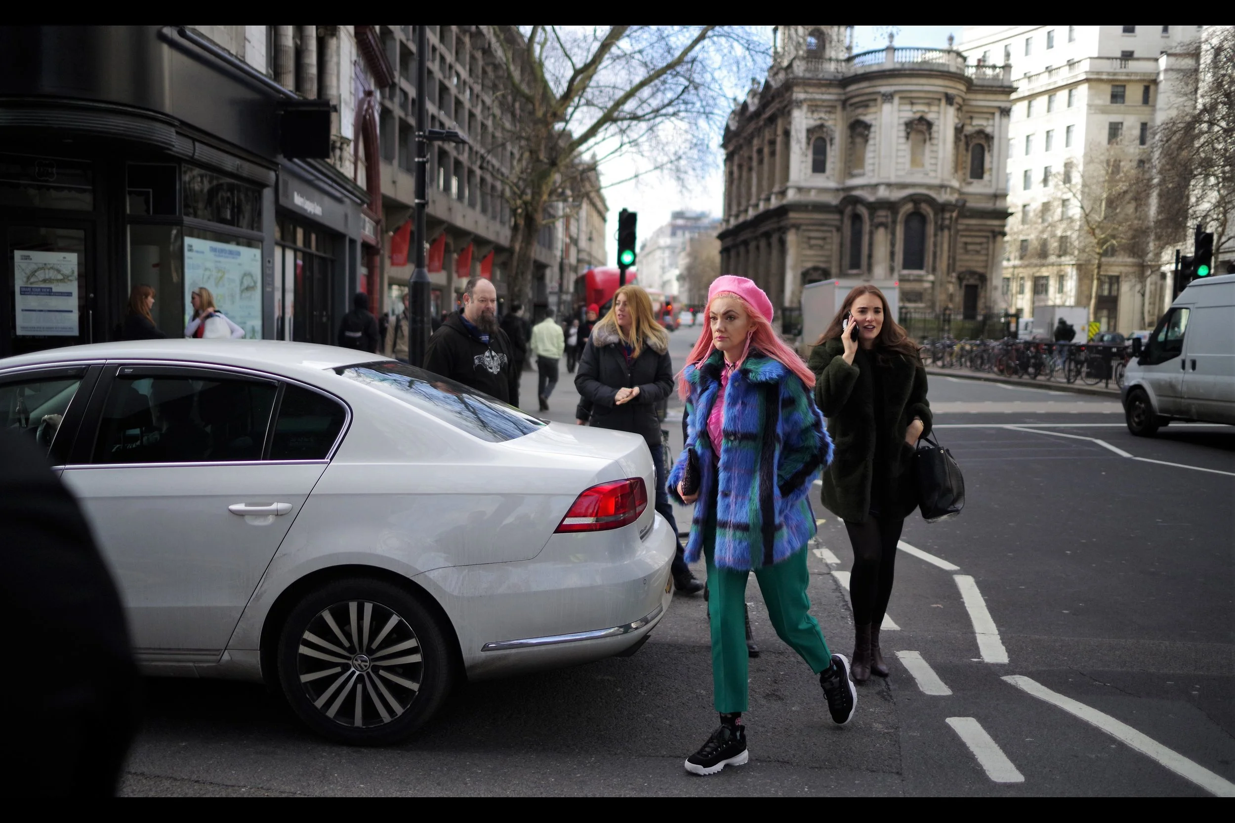 “The hair-colour doesn’t contrast with the beret AT ALL, and she’s furious” ”….” ”Well, she’s not happy at any rate”