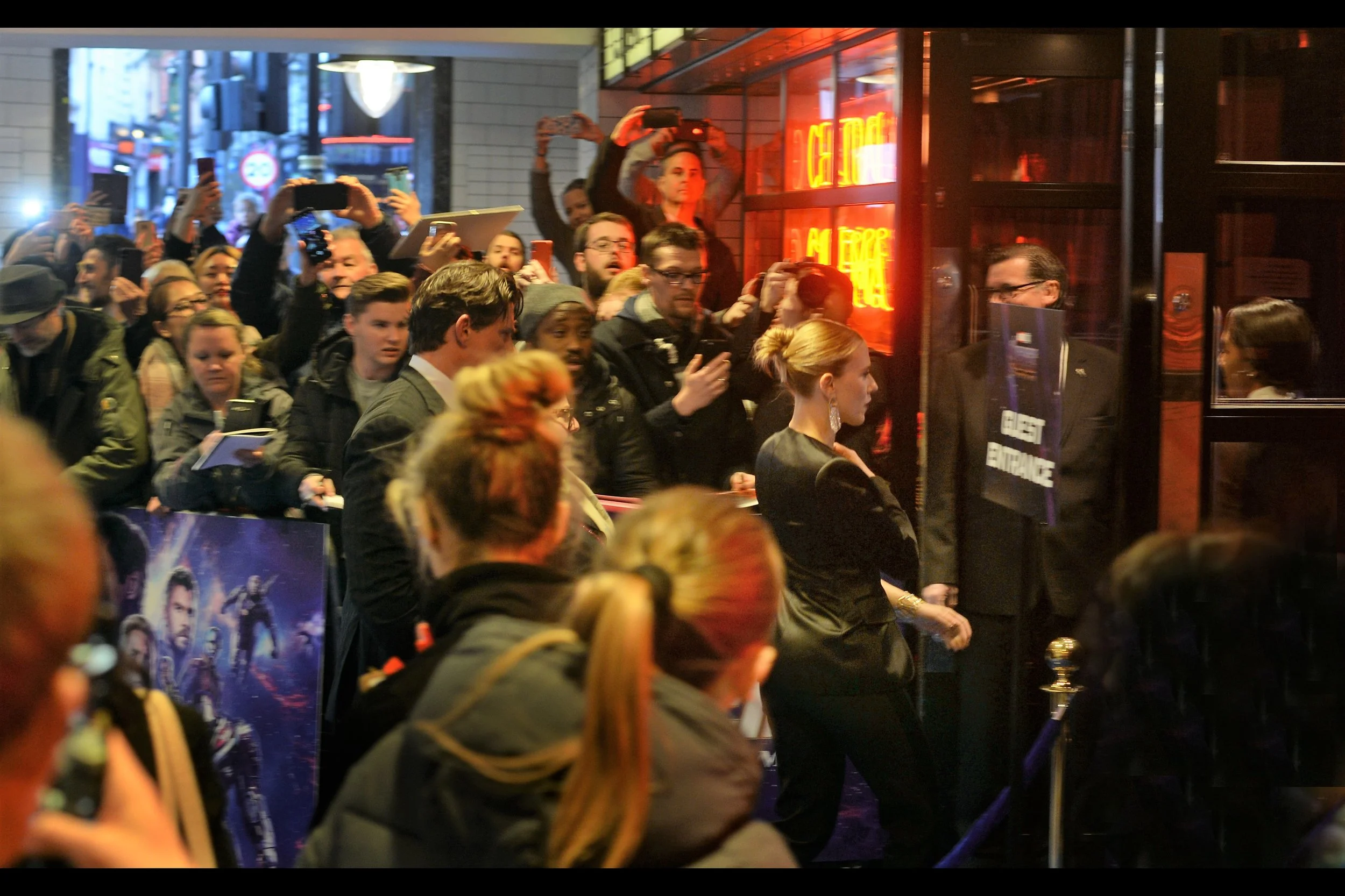 Scarlett Johansson, on the other hand, does not stop, does not slow, does not look left, and does not look right as she enters the cinema from her car. And Paul Rudd and Chris Hemsworth? I”m not sure how they got in, but it was not even via the front door.