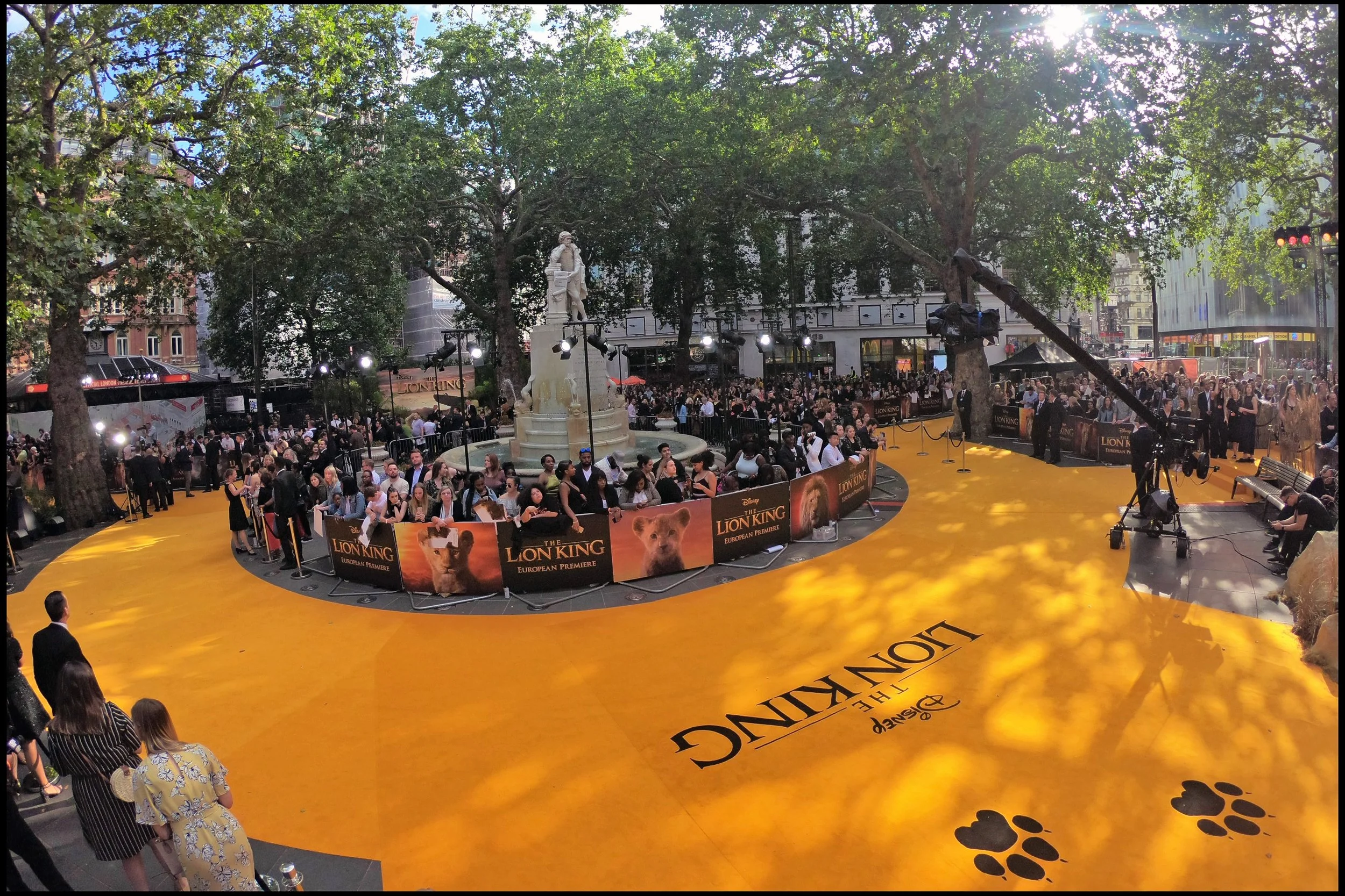 The view from my spot (or rather, the top of my GoPro-on-a-selfie-stick) - with the stage behind and to my right. (Obviously the carpet was never this empty once it got started…. and obviously the words “Lion King” weren’t written upside-down on the carpet. Disney are fairly coldly professional like that.)