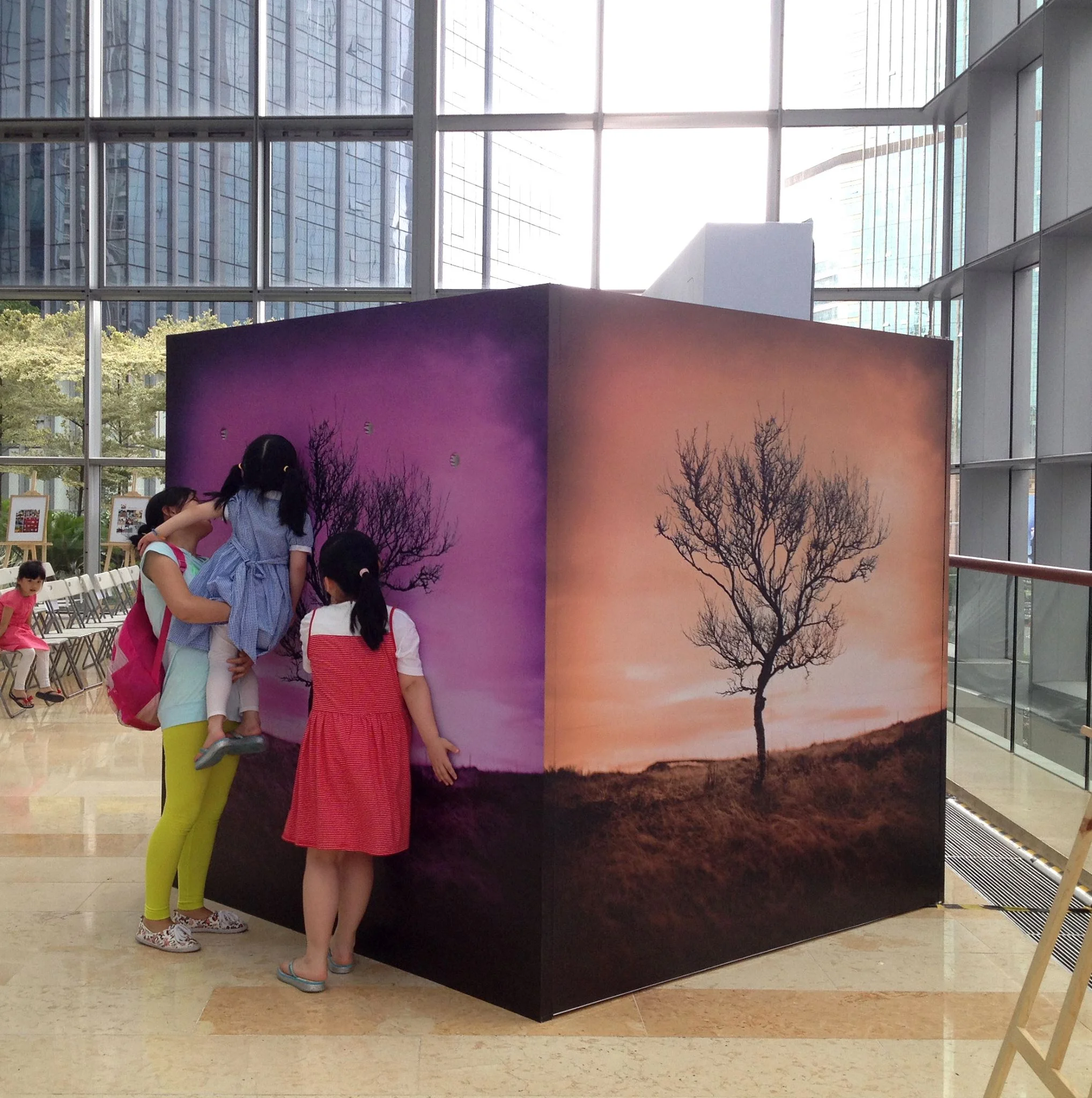 A 2x2m cube was constructed and covered with holes through which the rest of the images could be viewed. 