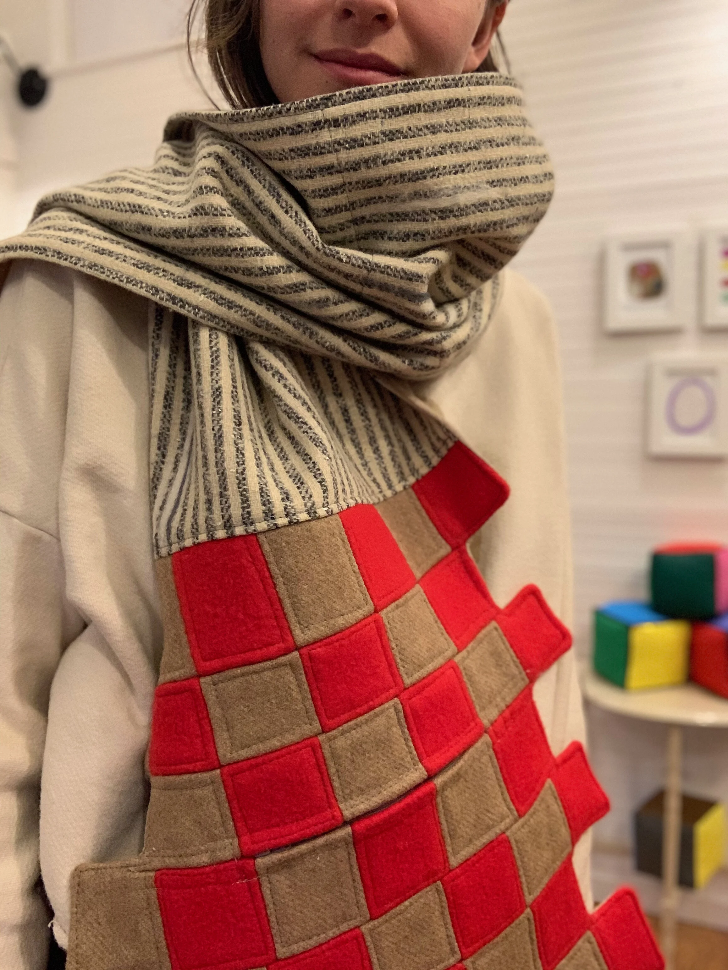 Checkered Out //Boiled Wool Pieced Scarf// Zipper Pocket