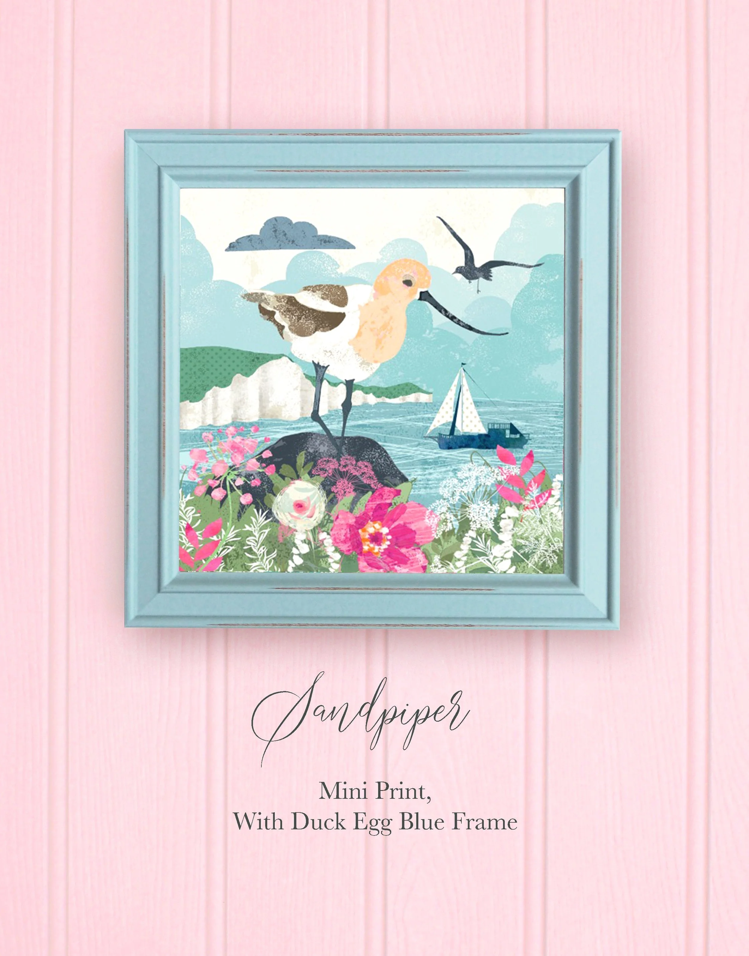 Sandpiper+Mini+Print+With+Blue+Frame+and++pale+pink+background+-Recovered+copy.jpg
