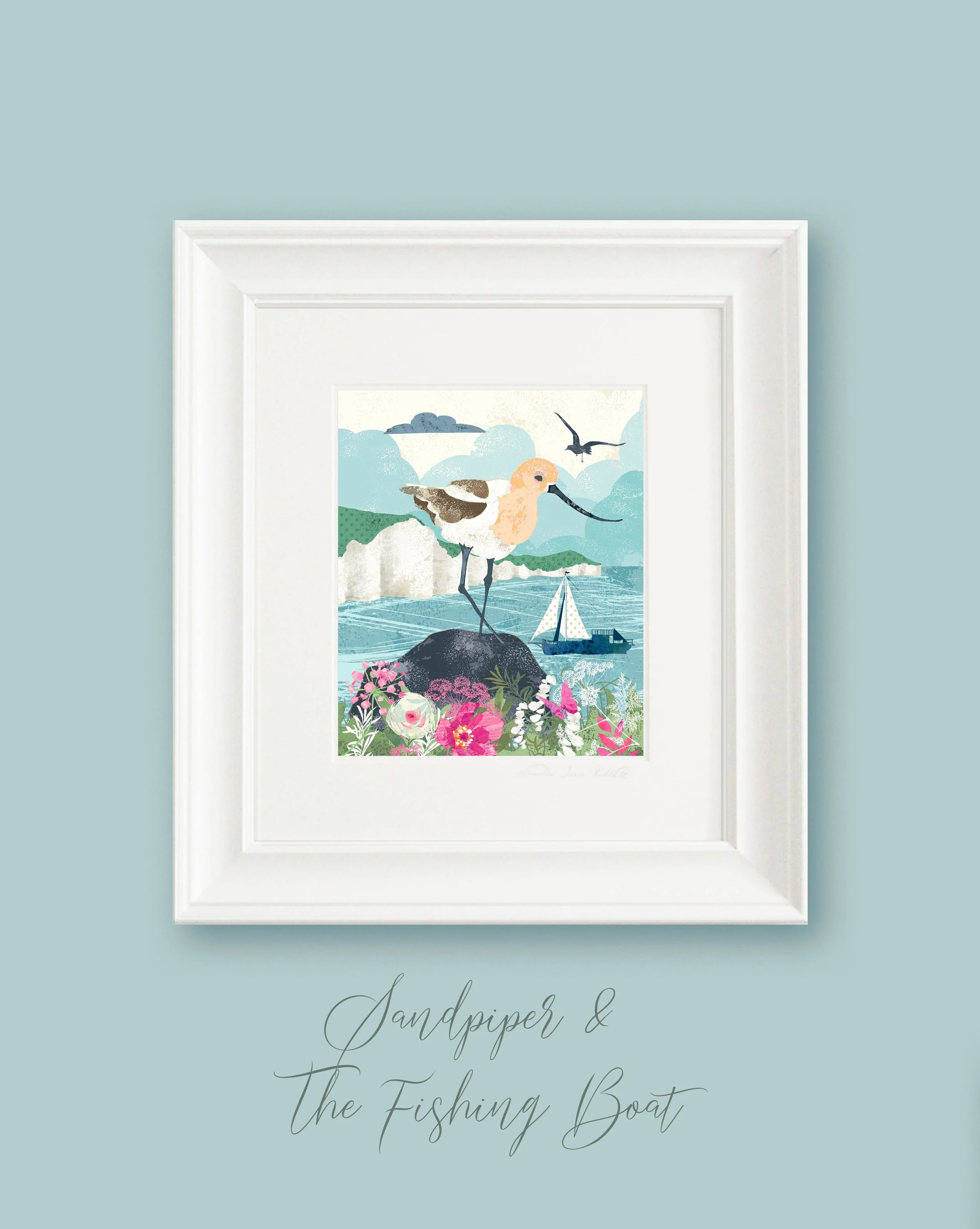 'Sandpiper & The Fishing Boat' Open Edition Print - on duck egg blue wall  .jpg