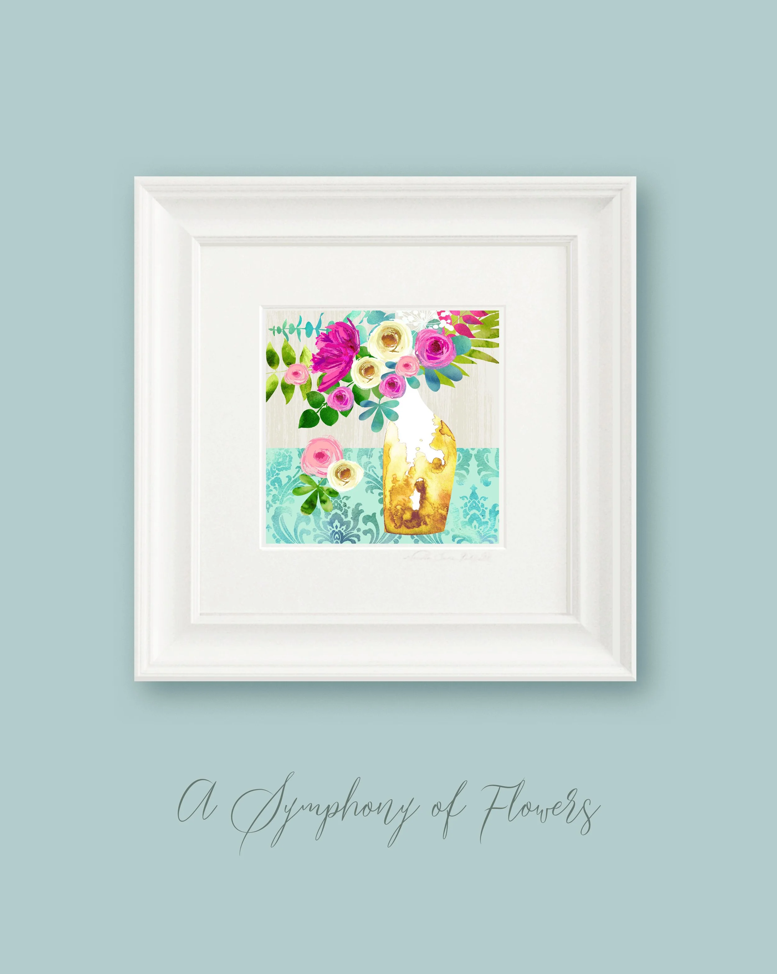 'A Symphony Of Flowers' Open Edition Print - on duck egg blue wall  .jpg
