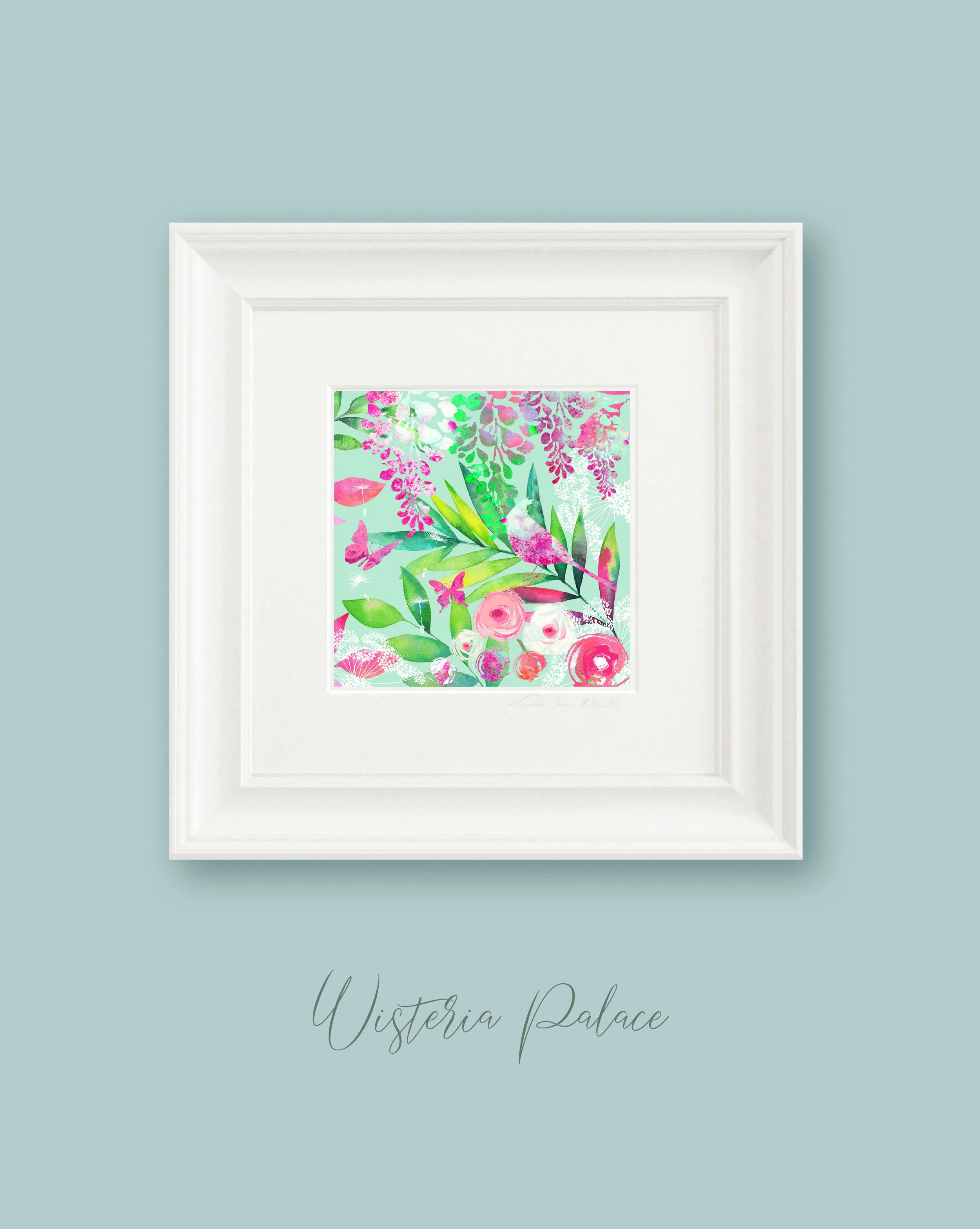 'Wisteria Palace' Open Edition Print - on duck egg blue wall  .jpg