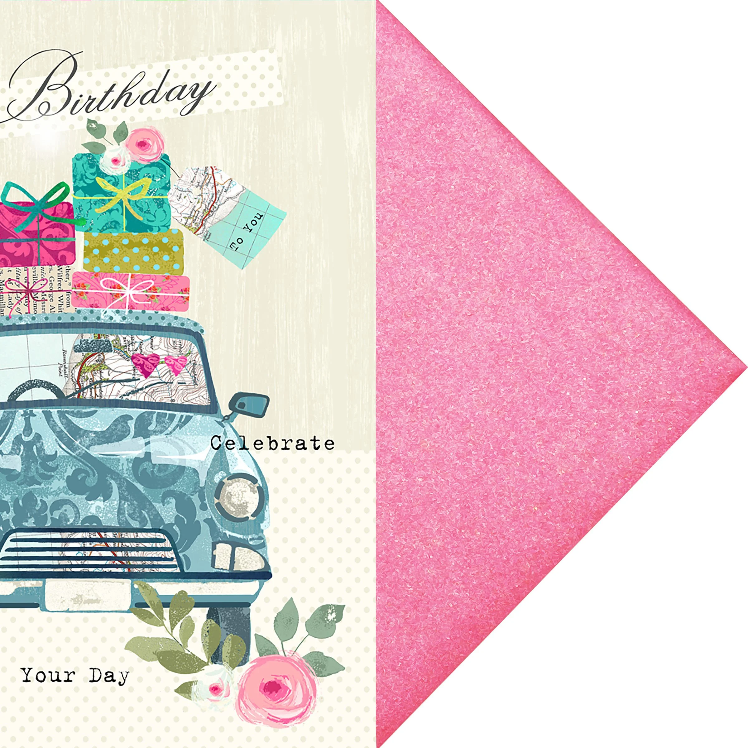 Happy Birthday To You Card with Deep Pink Pearlescent Envelope wiith 'Pink floral Passion' Greetings Card.jpg