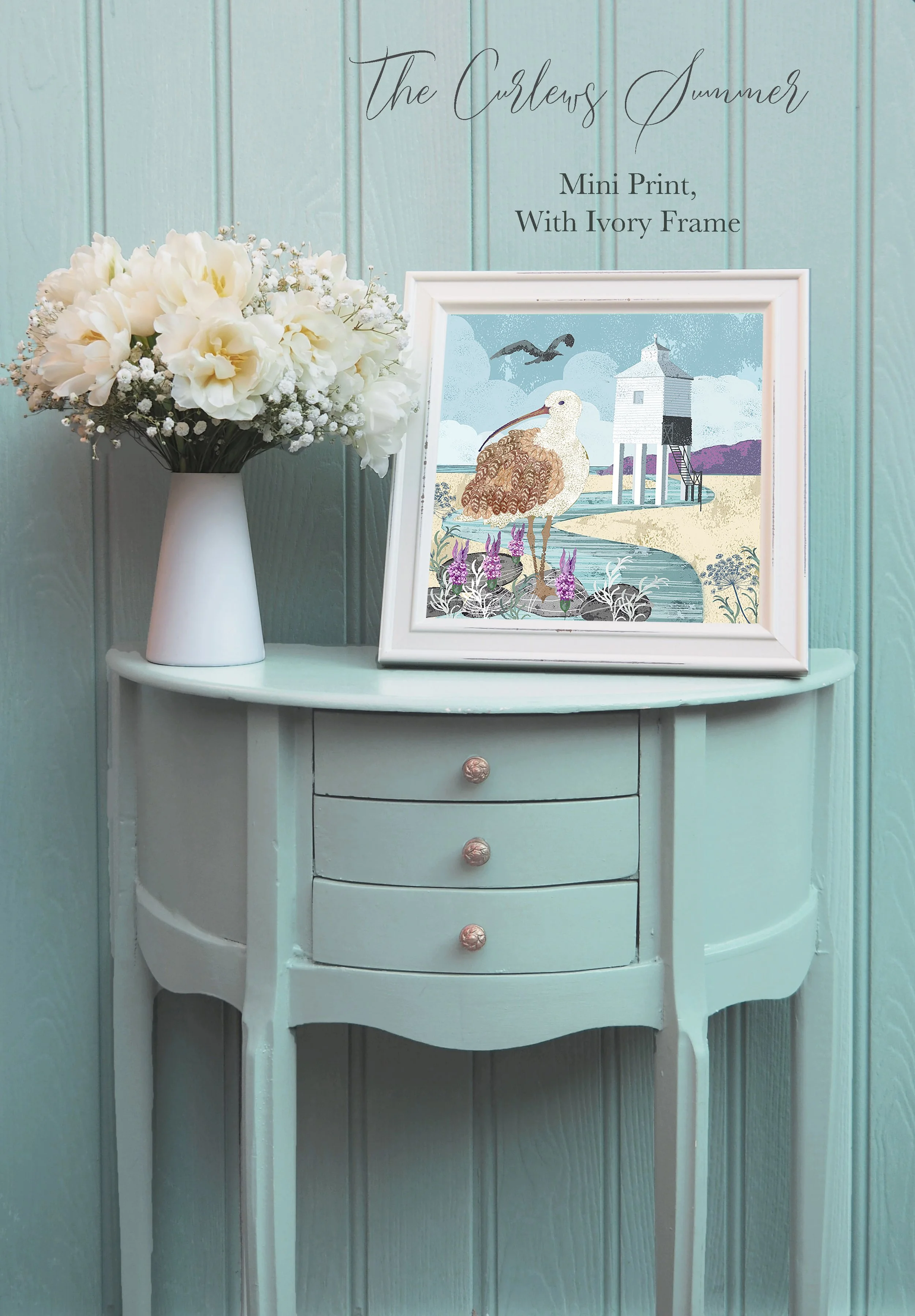 The Curlews summer Mini Print With Cream Frame - Lifestyle shot on blue background.jpg