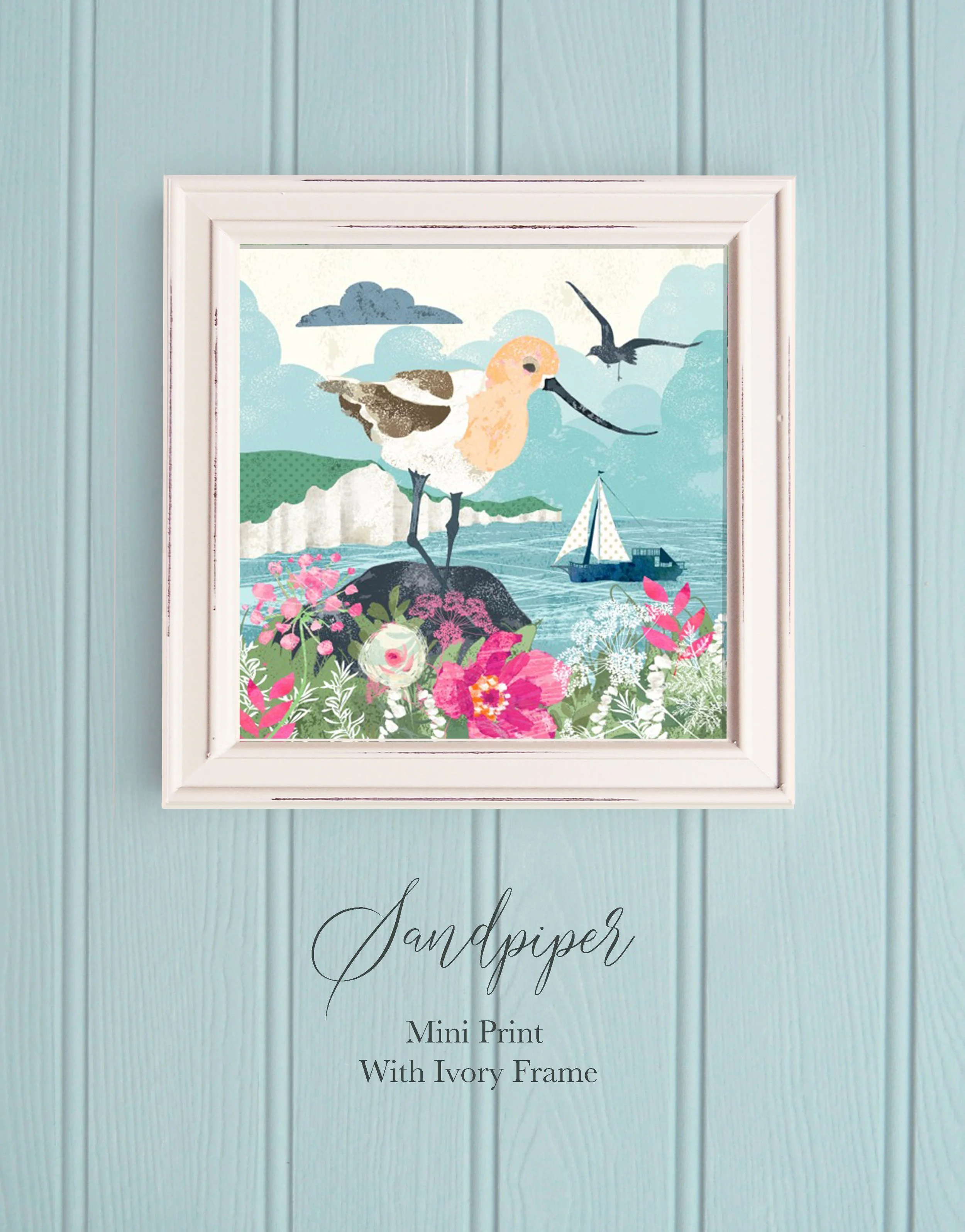 Sandpiper Mini Print With Cream Frame on Blue Background copy.jpg