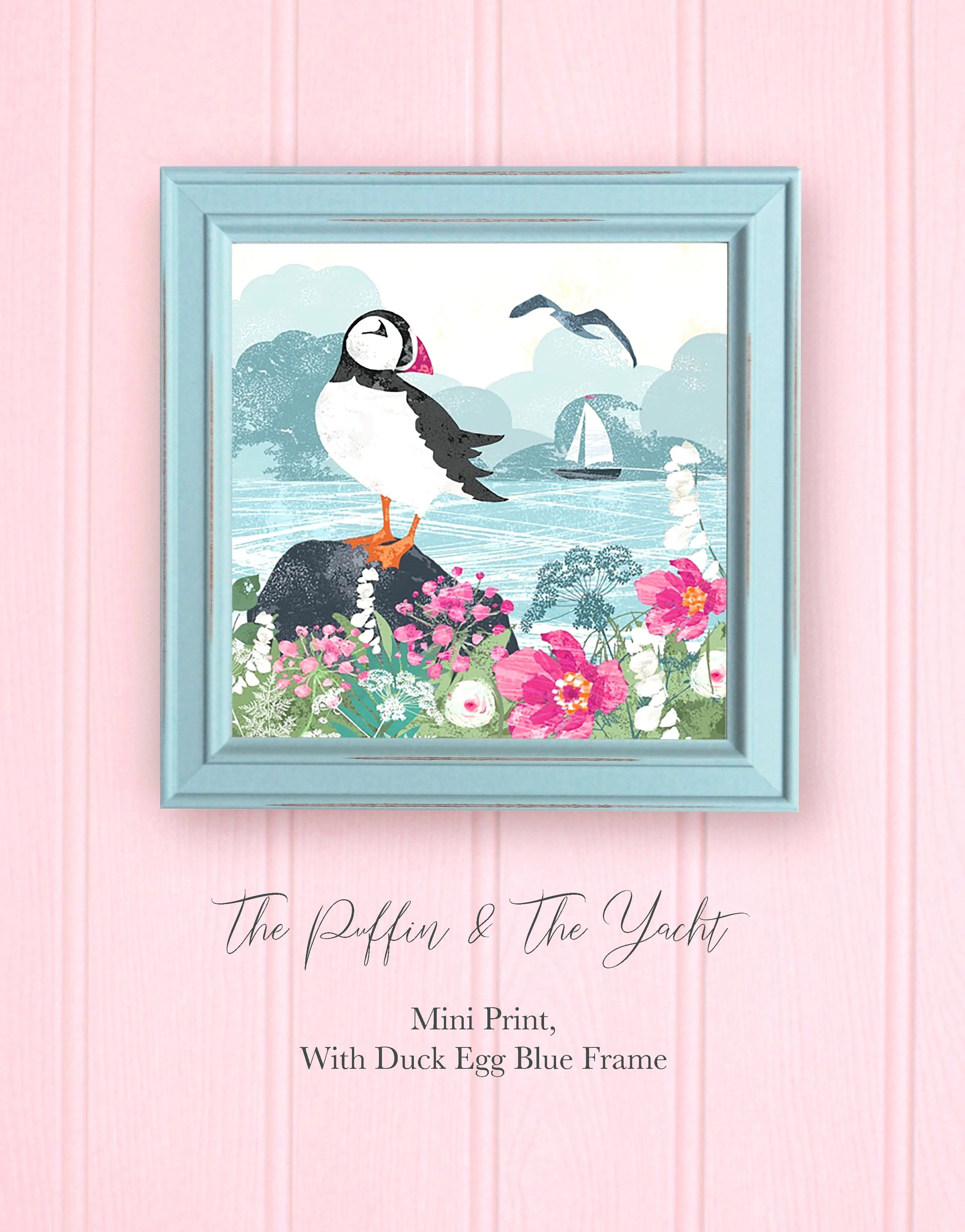 The+Puffin+And+The+Yacht+Mini+Print+With+Blue+Frame+and++pale+pink+background++copy.jpg