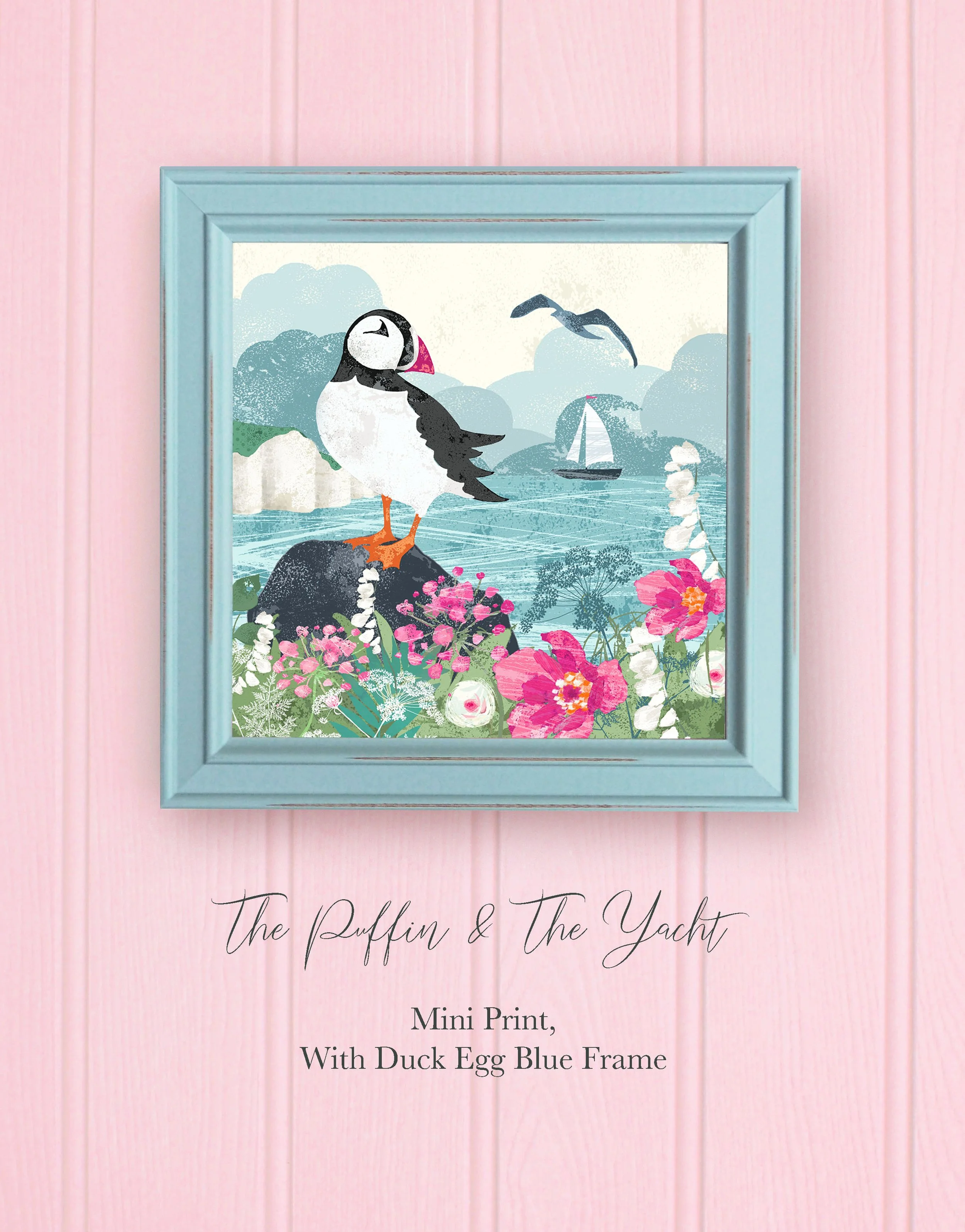 The Puffin And The Yacht Mini Print With Blue Frame and  pale pink background  (For Triptych) copy.jpg