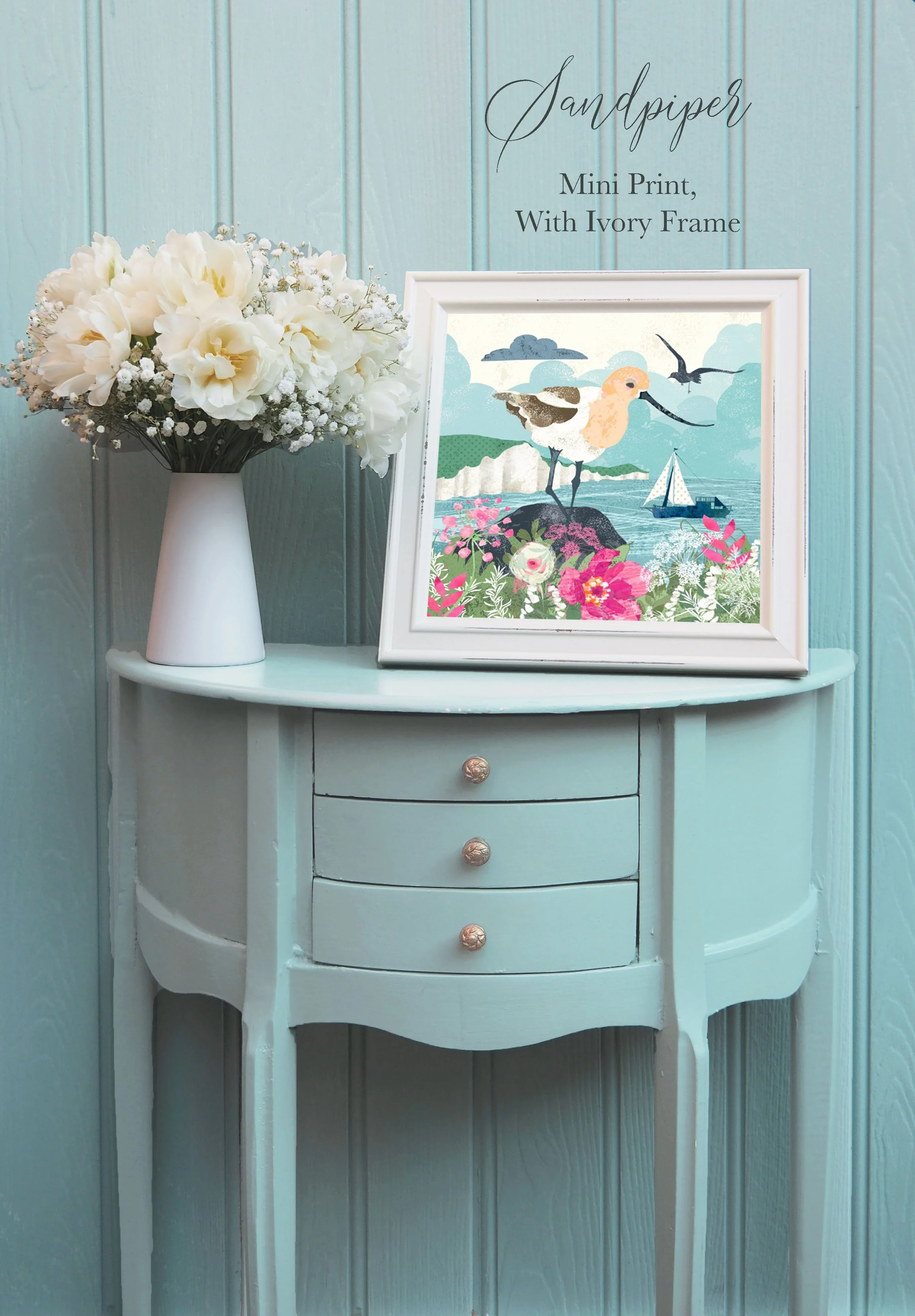 Sandpiper Mini Print With Cream Frame - Lifestyle shot copy.jpg