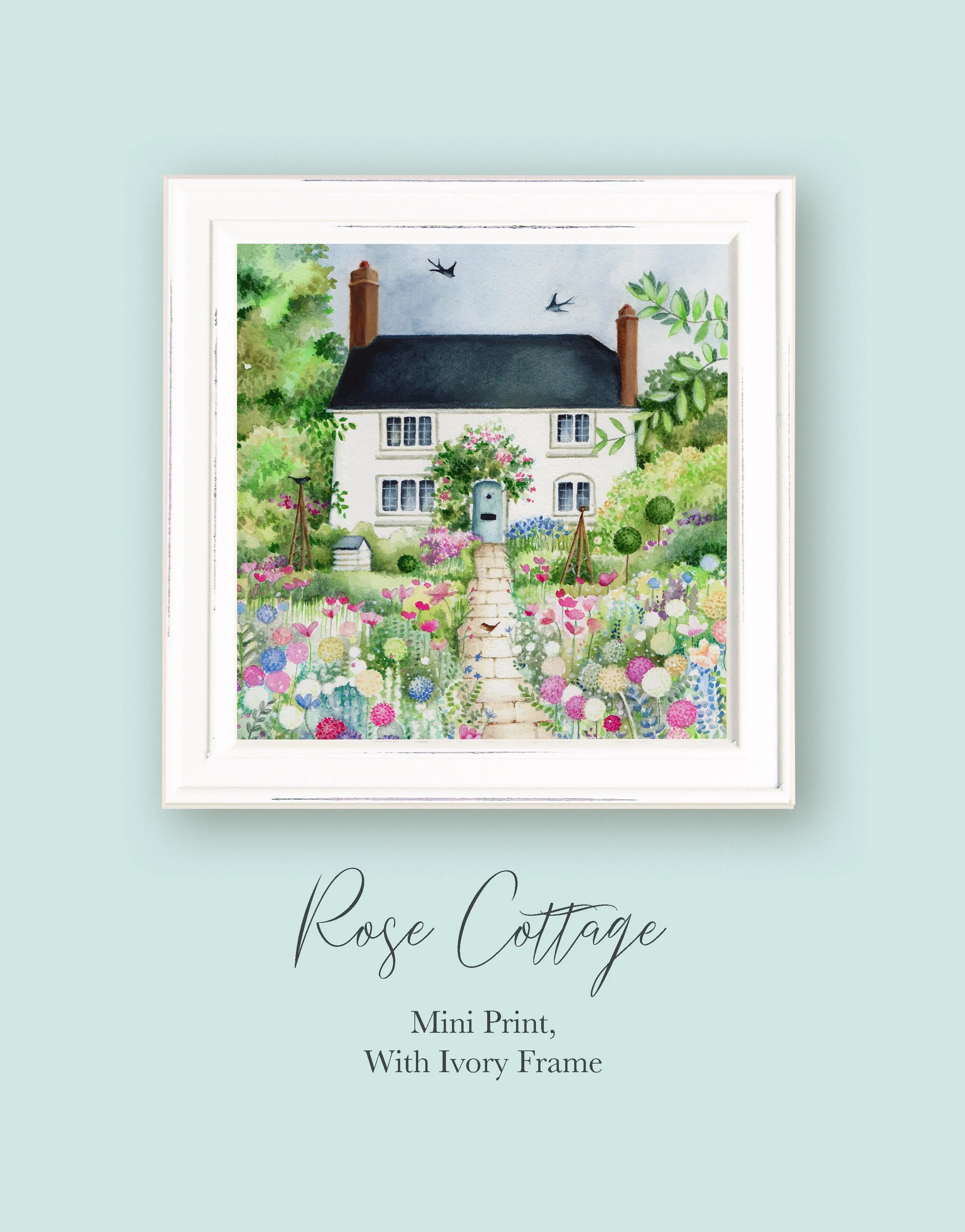 Rose Cottage Mini Print With Ivory Frame on pale aqua background copy.jpg