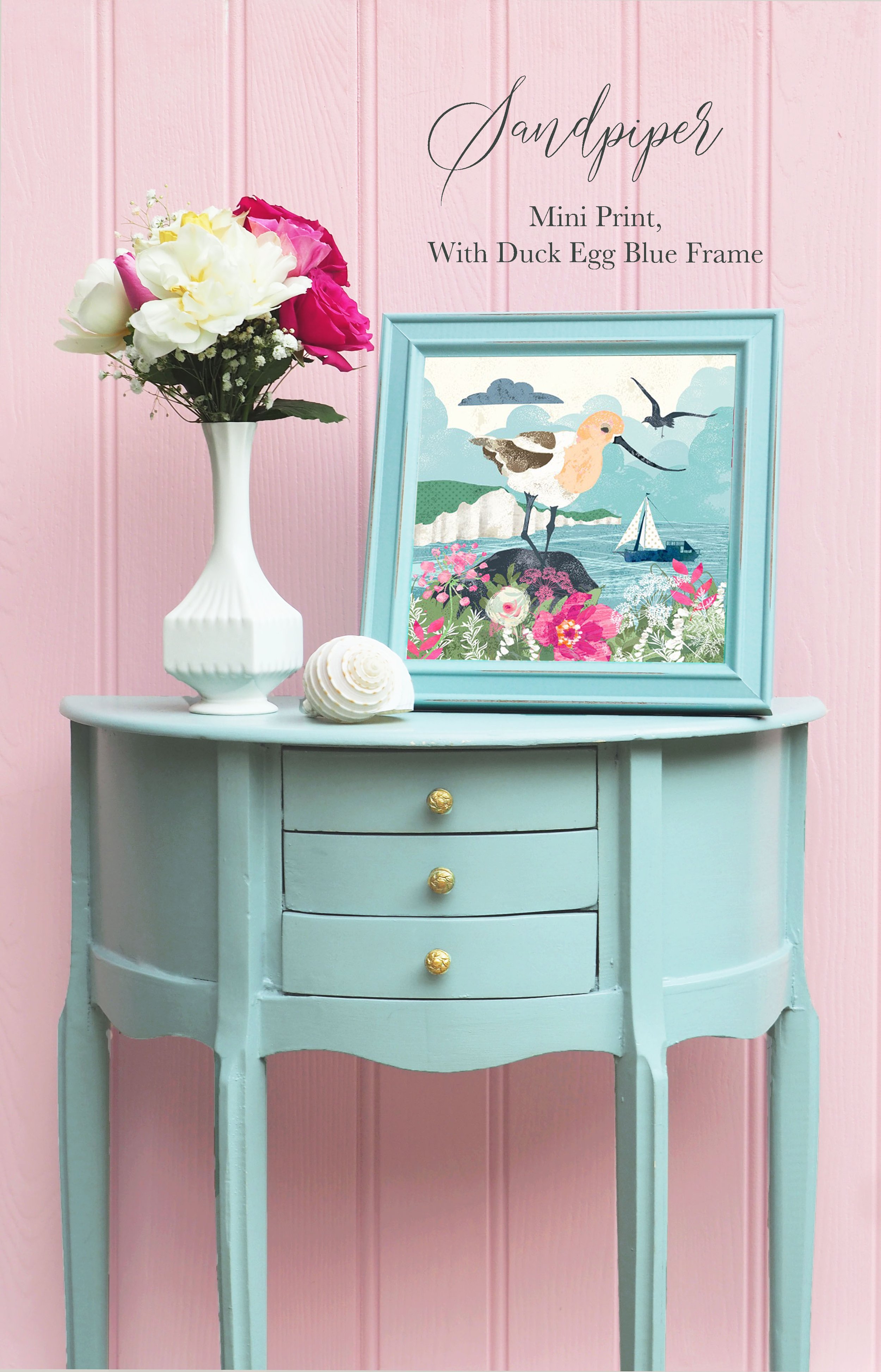 Sandpiper Mini Print With Blue Frame - Lifestyle shot v2 copy.jpg