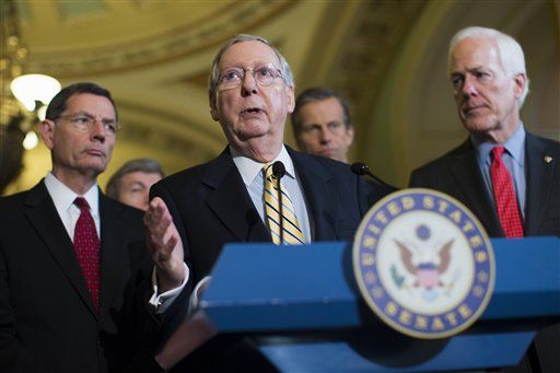 AP Photo/Evan Vucci Senate Majority Leader Sen. Mitch McConnell, R-Ky., answers a question during a news conference on Capitol Hill in Washington, Tuesday, April 21, 2015. From left are, Sen. John Barrasso, R-Wyo., Sen. Roy Blunt, R-Mo., McConnell, Sen. John Thune, R-S.D., and Senate Majority Whip John Cornyn of Texas.