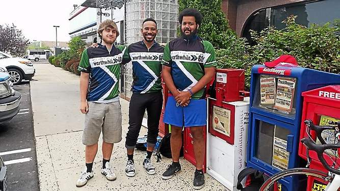 Jonathan Moore, left, Sly Williams and Jay Atlas, are biking cross-country to raise awareness about human trafficking. Photo courtesy of Worthwhile Wear