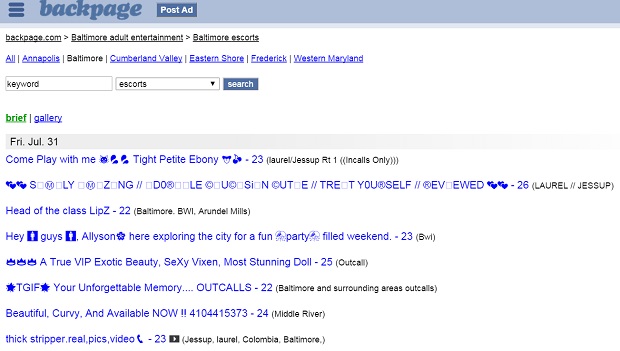 Photo above: Screen shot of Backpage escort ads