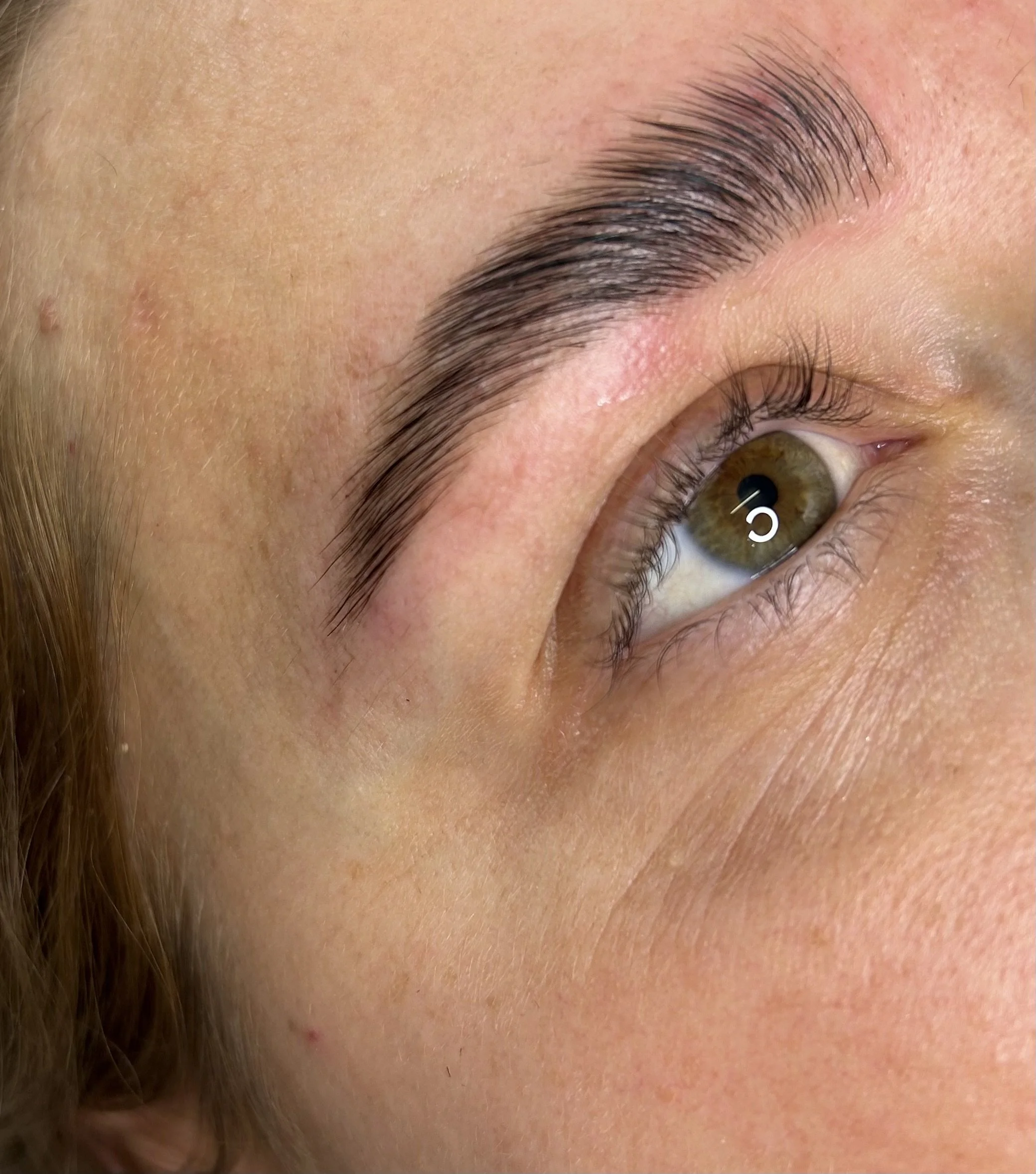 Close-up of a person's right eye showing the result of an eyebrow lamination treatment. 
