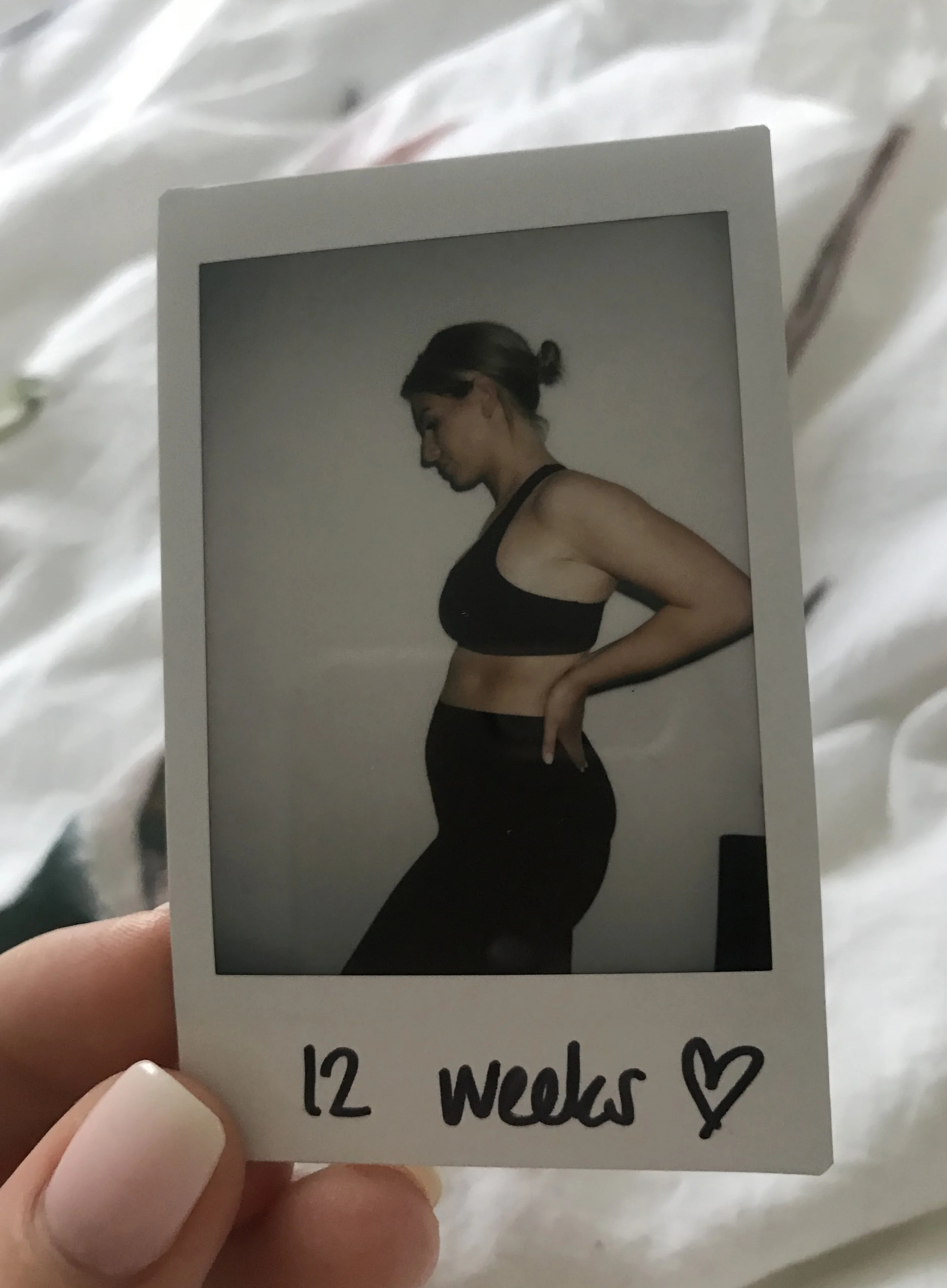 We started taking bump polaroids from 5 weeks, my 12 week one I look the most miserable, I think I had been crying and wasn’t in the mood to do it but forced myself to. I am so glad now that I did but looking at this makes me feel so sad because I know how I felt at that moment.