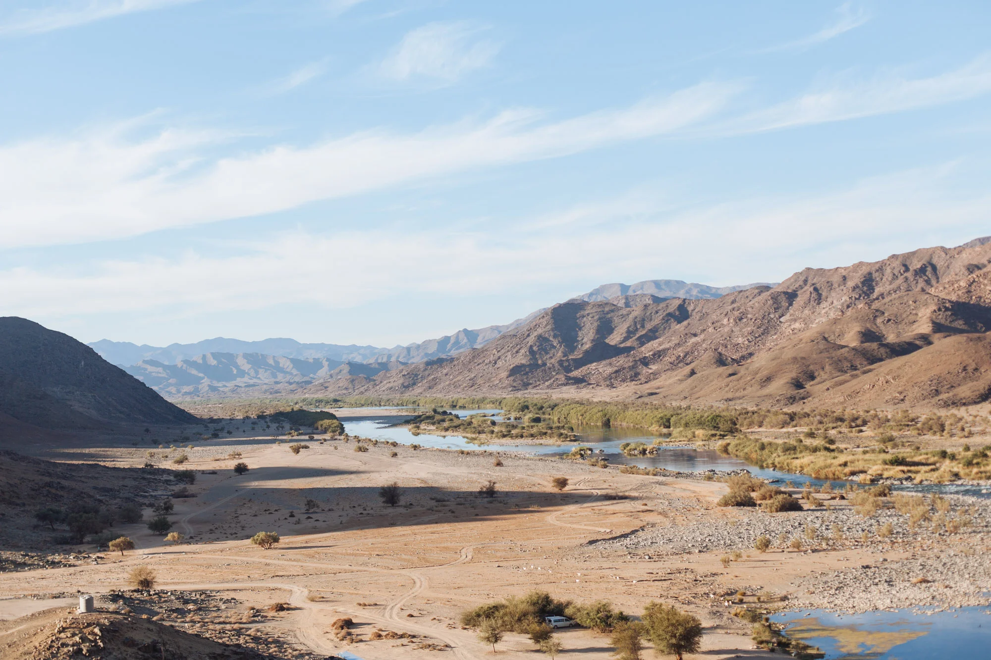 The Orange River separating South Africa on the left and Namibia on the right.
