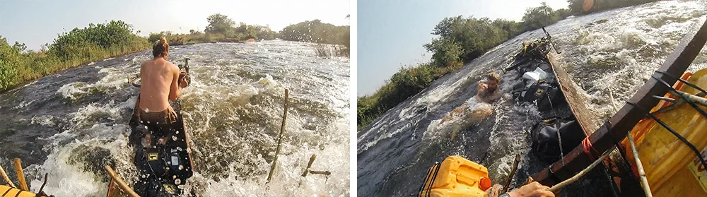 Charlie frantically bails out water before jumping out himself whilst we take on too much water during some rapids.