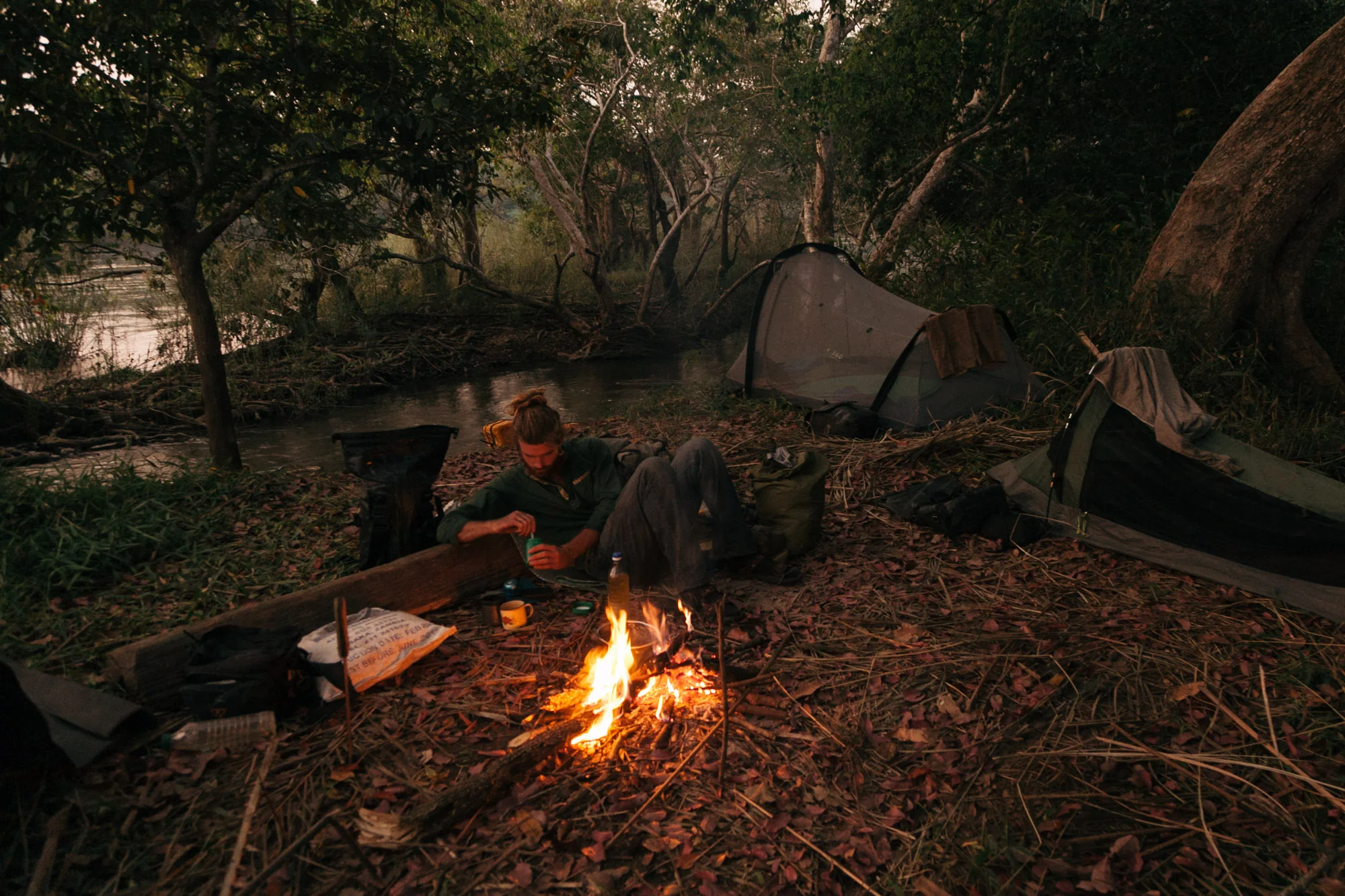 Tents up, fire started and time for our standard meal of pasta, potatoes and tomato paste.