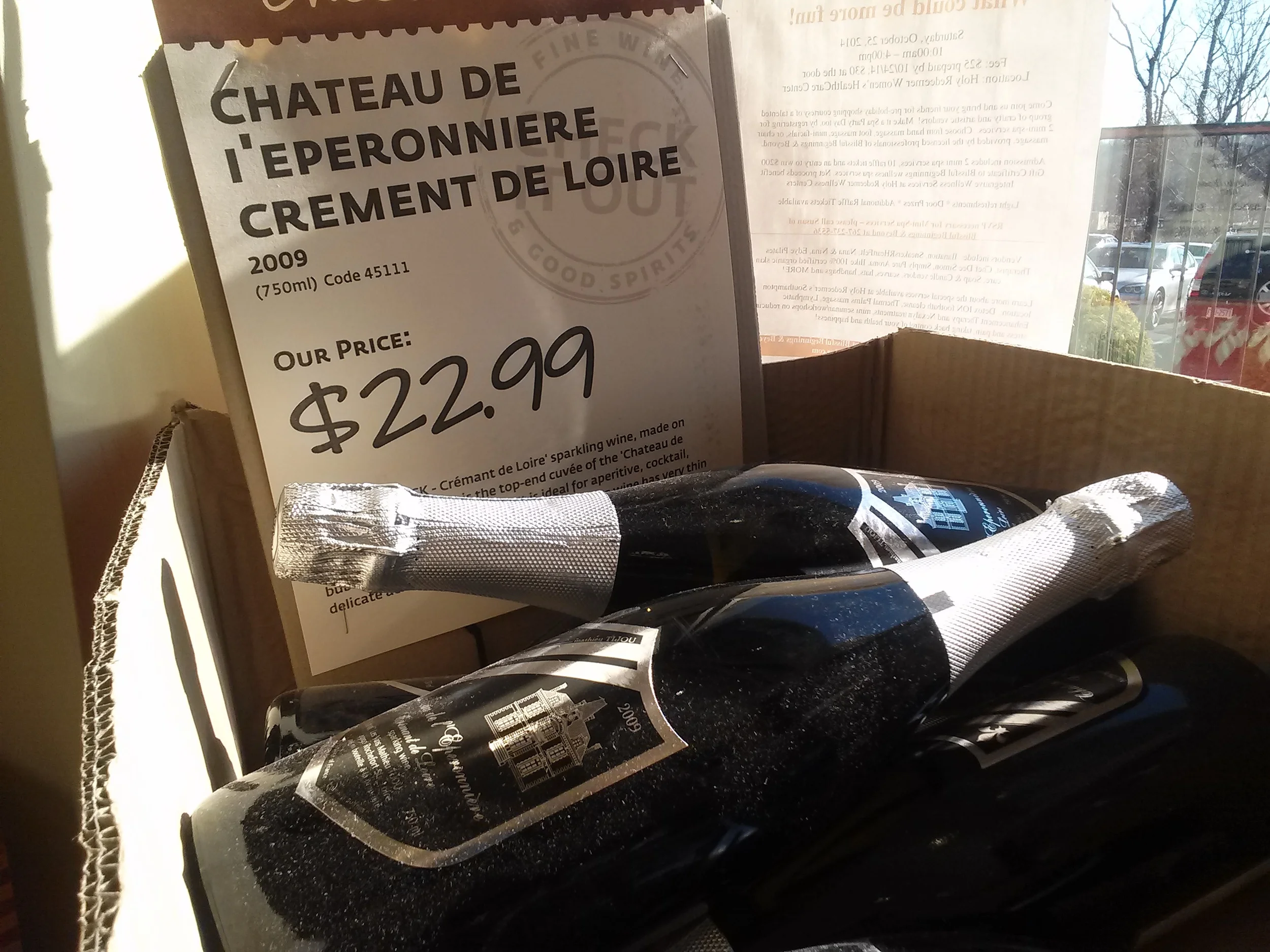 Not quite an expensive Champagne, but $23 is still pricey. It would be frustrating to get this wine home only to find it's been ruined by heat exposure. And if I really want to nitpick, the term is Cremant , PALCB.